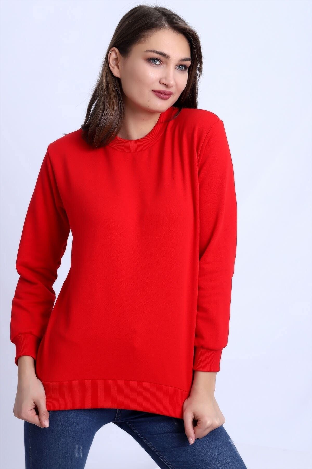 Deafox Canlı Kırmızı Basic Kadın Sweatshirt