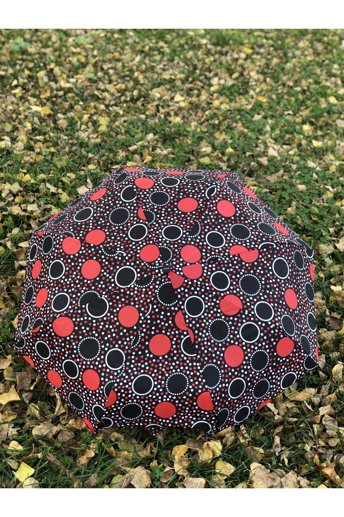 Rainwalker Rüzgarda Kırılmayan Tam Otomatik Daire Desenli Kırmızı Beyaz Puantiyeli Siyah Kadın Şemsiye