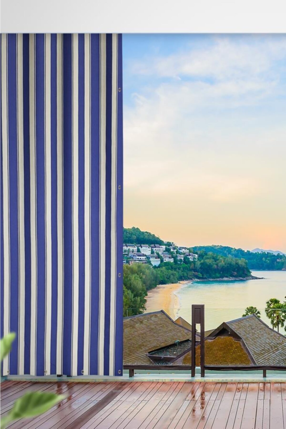 ALTINPAMUK Her Ölçüde Enxboy Seçenekli Kuşgözlü Balkon Perdesi Balkon Brandası Mavi Beyaz