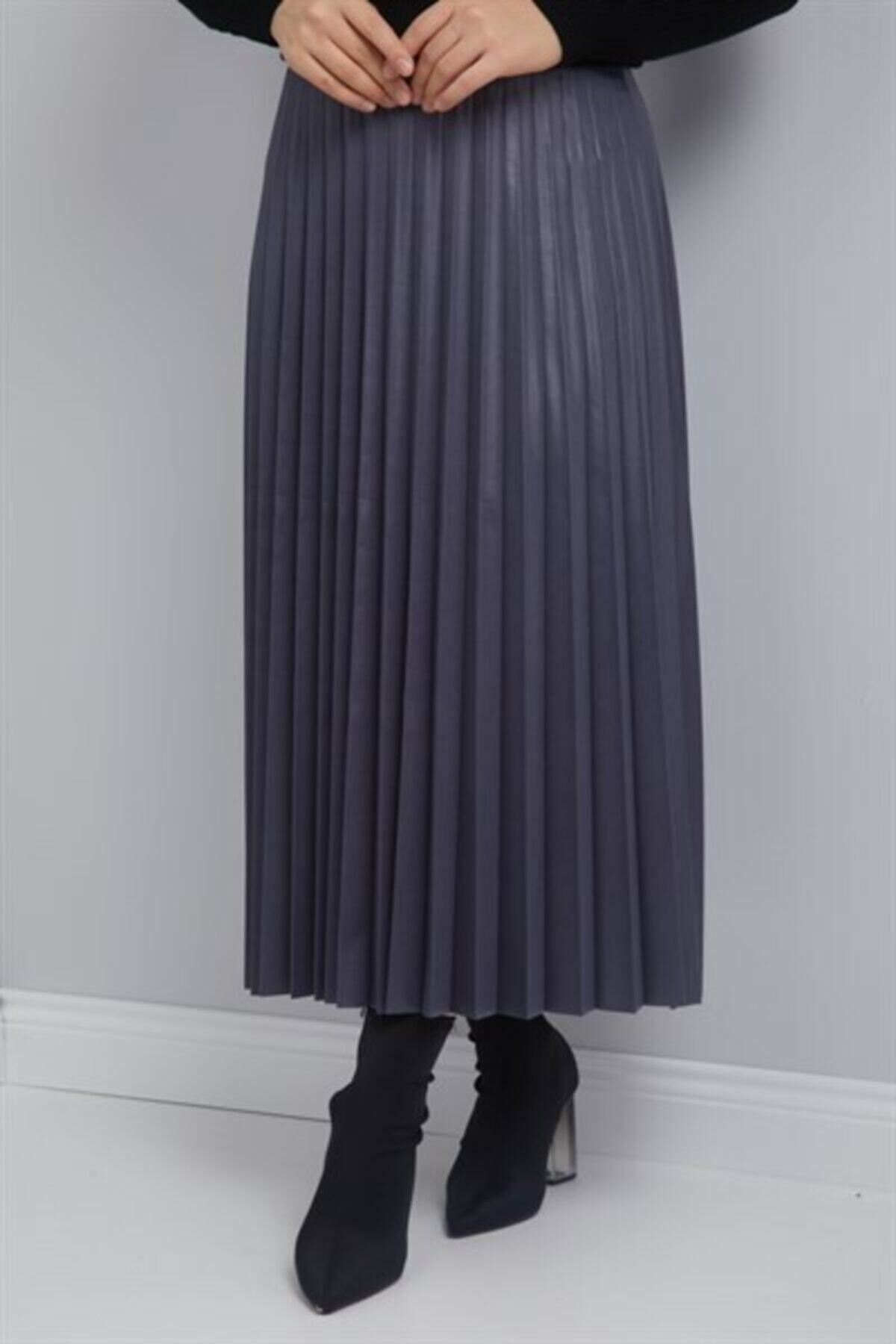 ModaKardelen Piliseli Deri Görünümlü Etek Taba