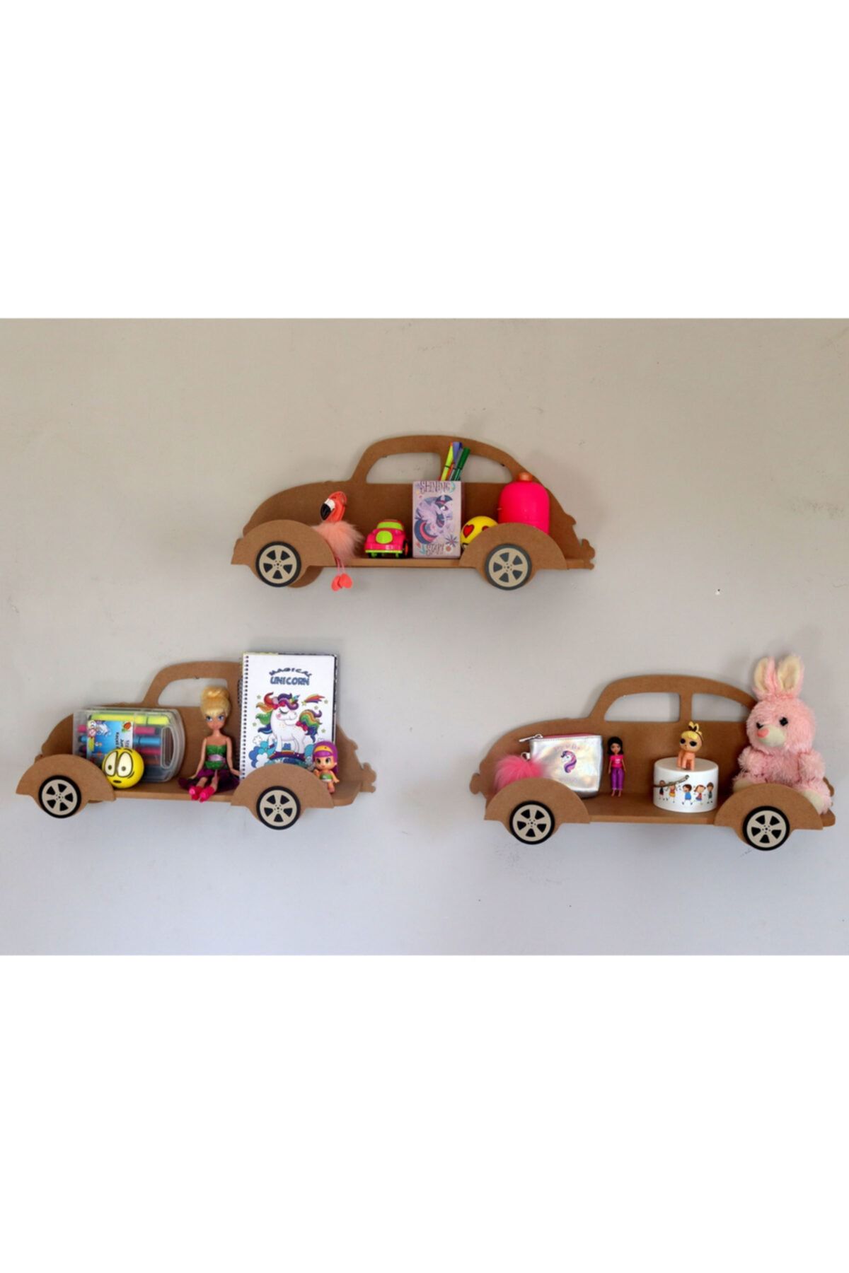 madelloon Çocuk Araba Montessori 3 Lü Kitaplık Raf Terek Dekor Duvar Süsü