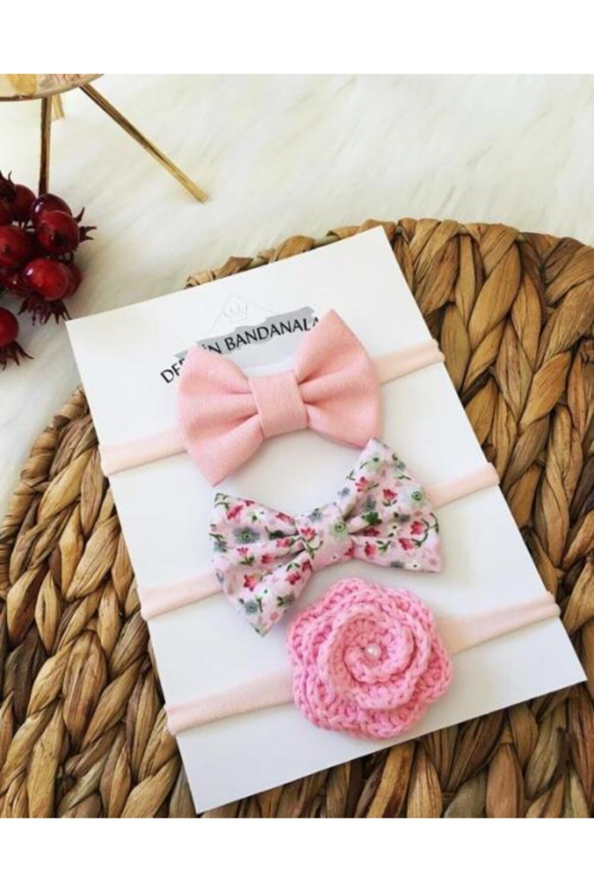 Derinkids 3'lü Pembe Örgü Çiçek Bebek Bandana Seti