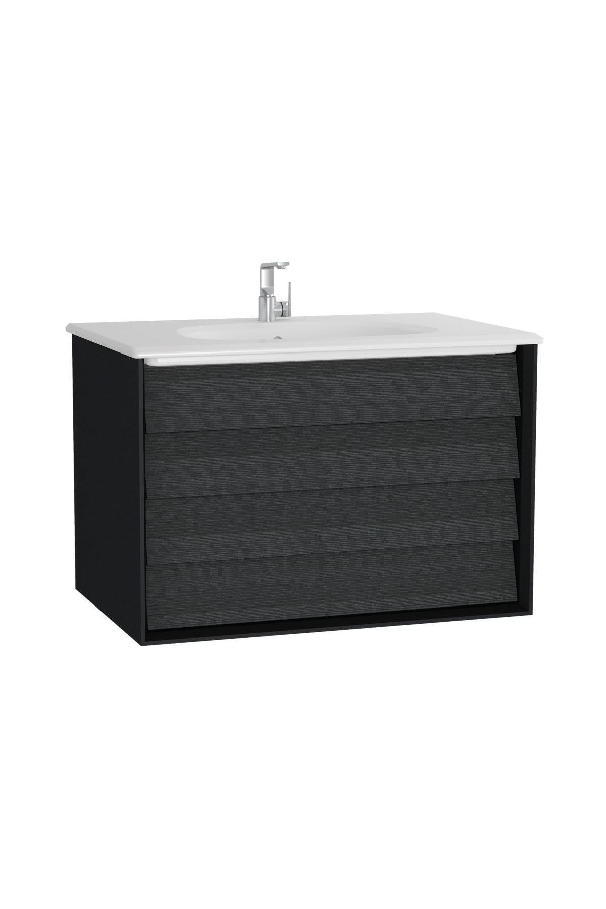 VitrA Frame 61229 Lavabo Dolabı Çift Çekmeceli Etajerli Lavabolu, 80cm, Mat S. Siyah - H. Siyah Meşe