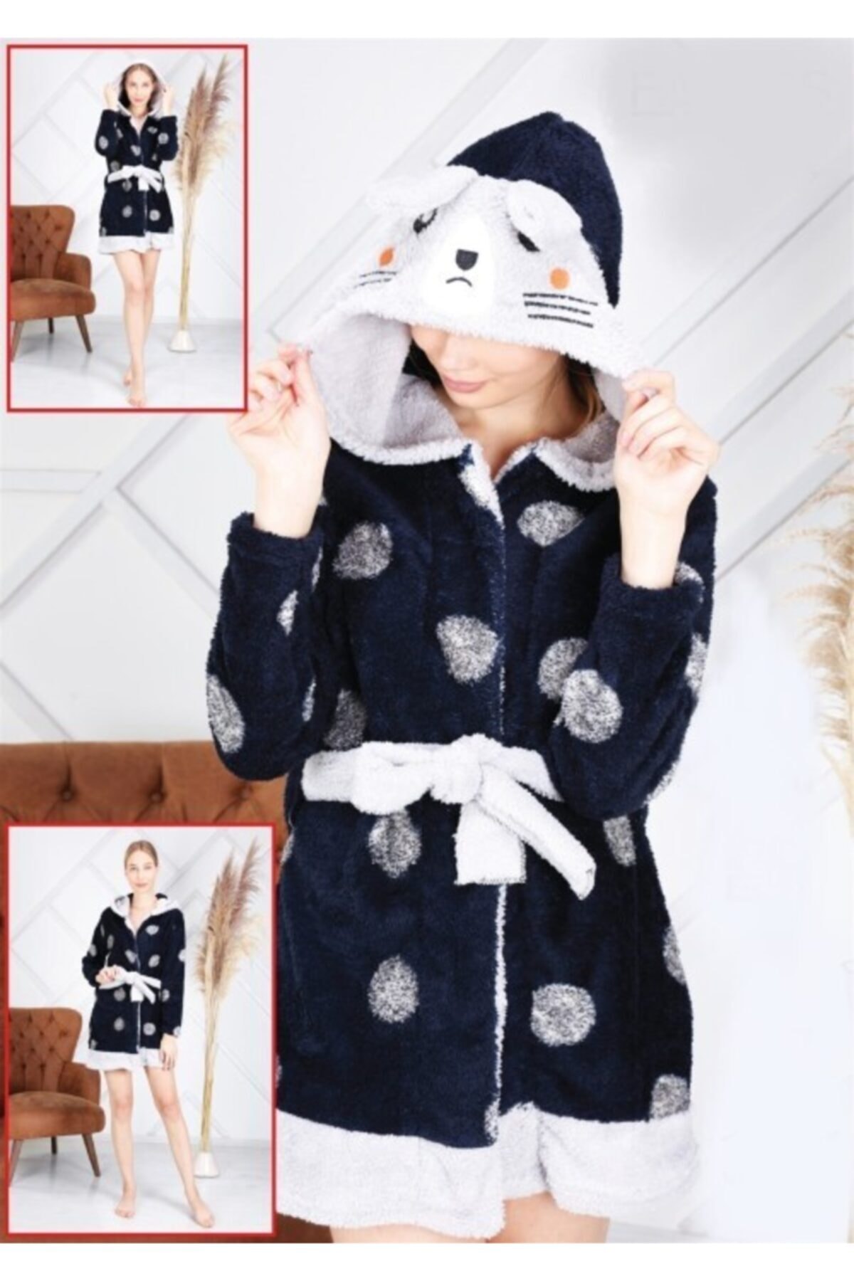 fames Kadın Lacivert Nakışlı Kapüşonlu Wellsoft Sabahlık