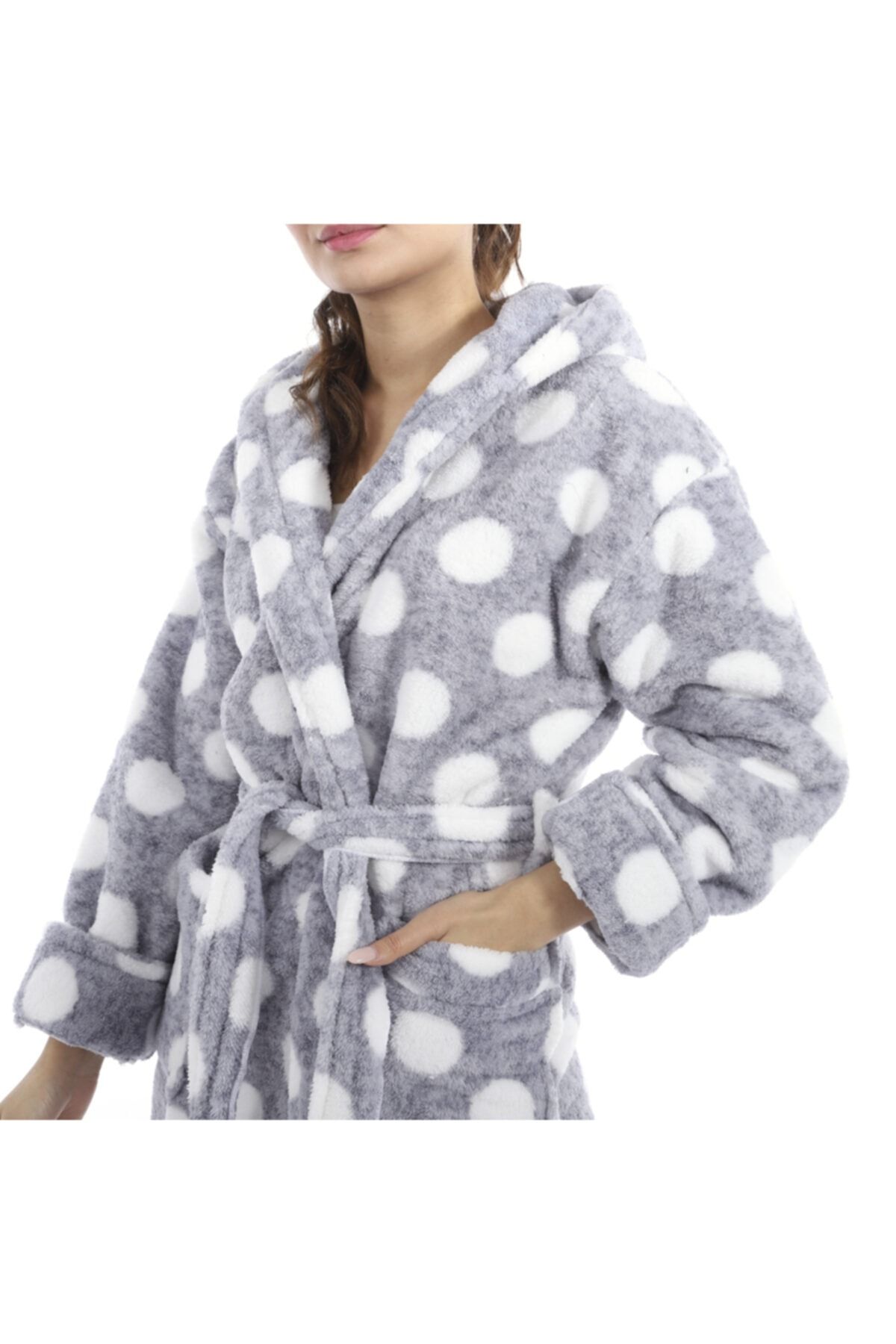 NETY WEAR Kadın Gri Puanlı Uzun Welsoft Sabahlık