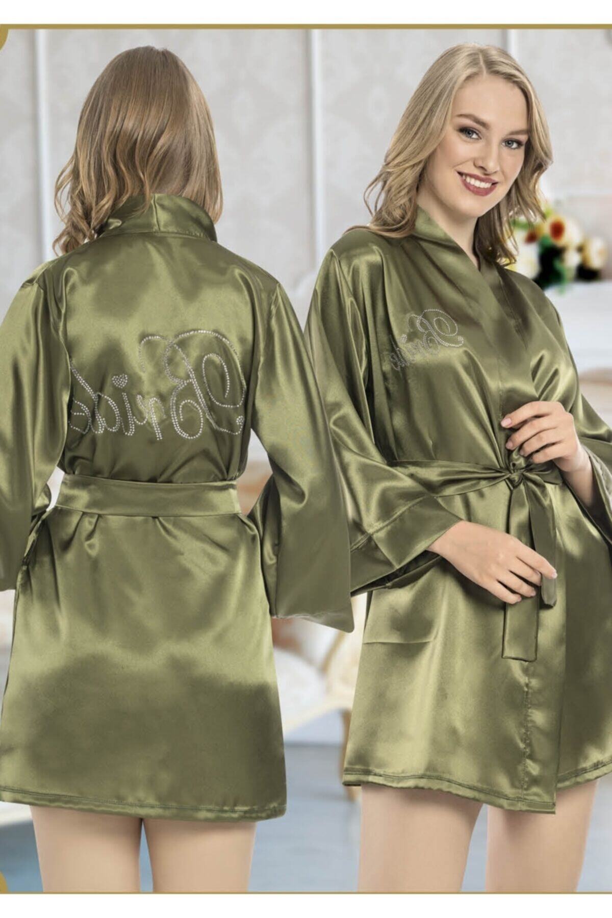 JENİKA Kadın Haki Bride Saten Taş Baskı Detaylı Sabahlık