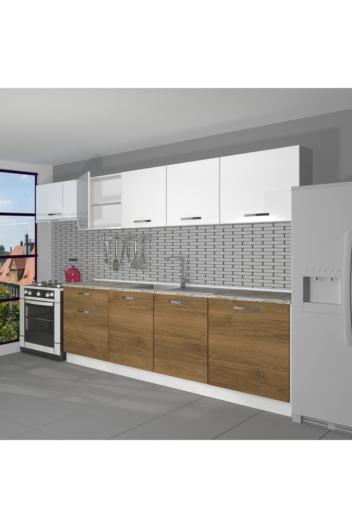 Decoraktiv Hazır Mutfak Dolabı Smart 280 Cm Pera & Parlak Beyaz -tezgah Dahil