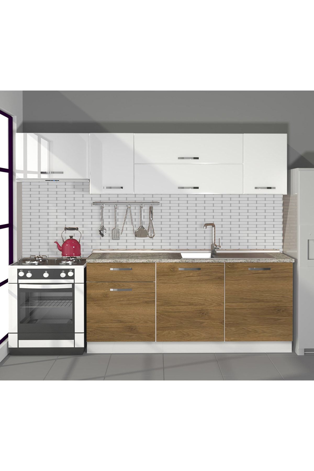 Decoraktiv Hazır Mutfak Dolabı Ekol 240 Cm Pera & Parlak Beyaz -tezgah Dahil
