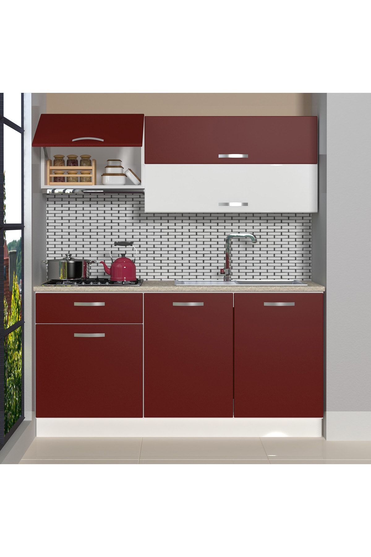 Decoraktiv Hazır Mutfak Dolabı Style 160 Cm Bordo -tezgah Dahil