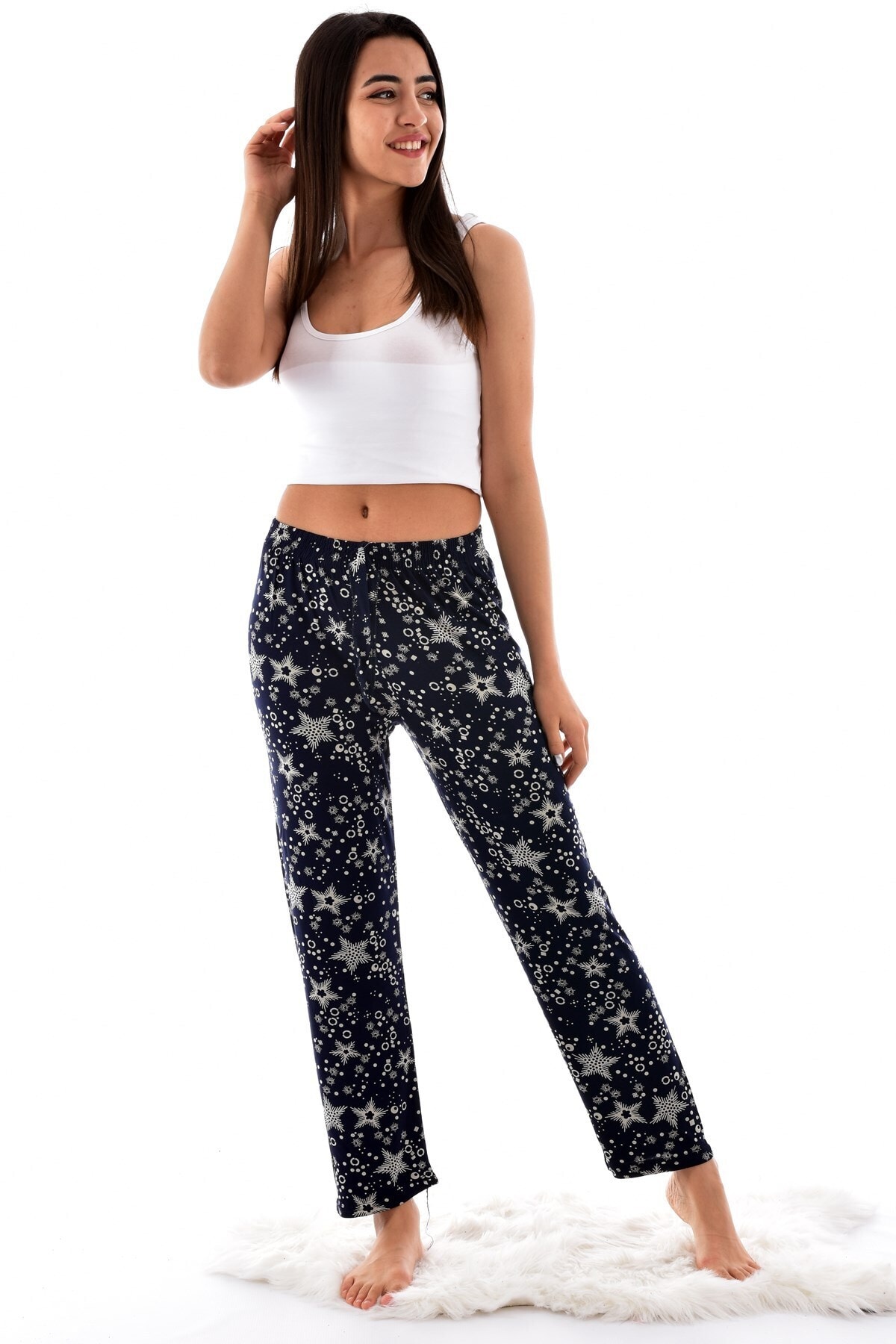 Pijamoni Bayan 9350-11 Desenli Viscon Tek Alt Lacivert