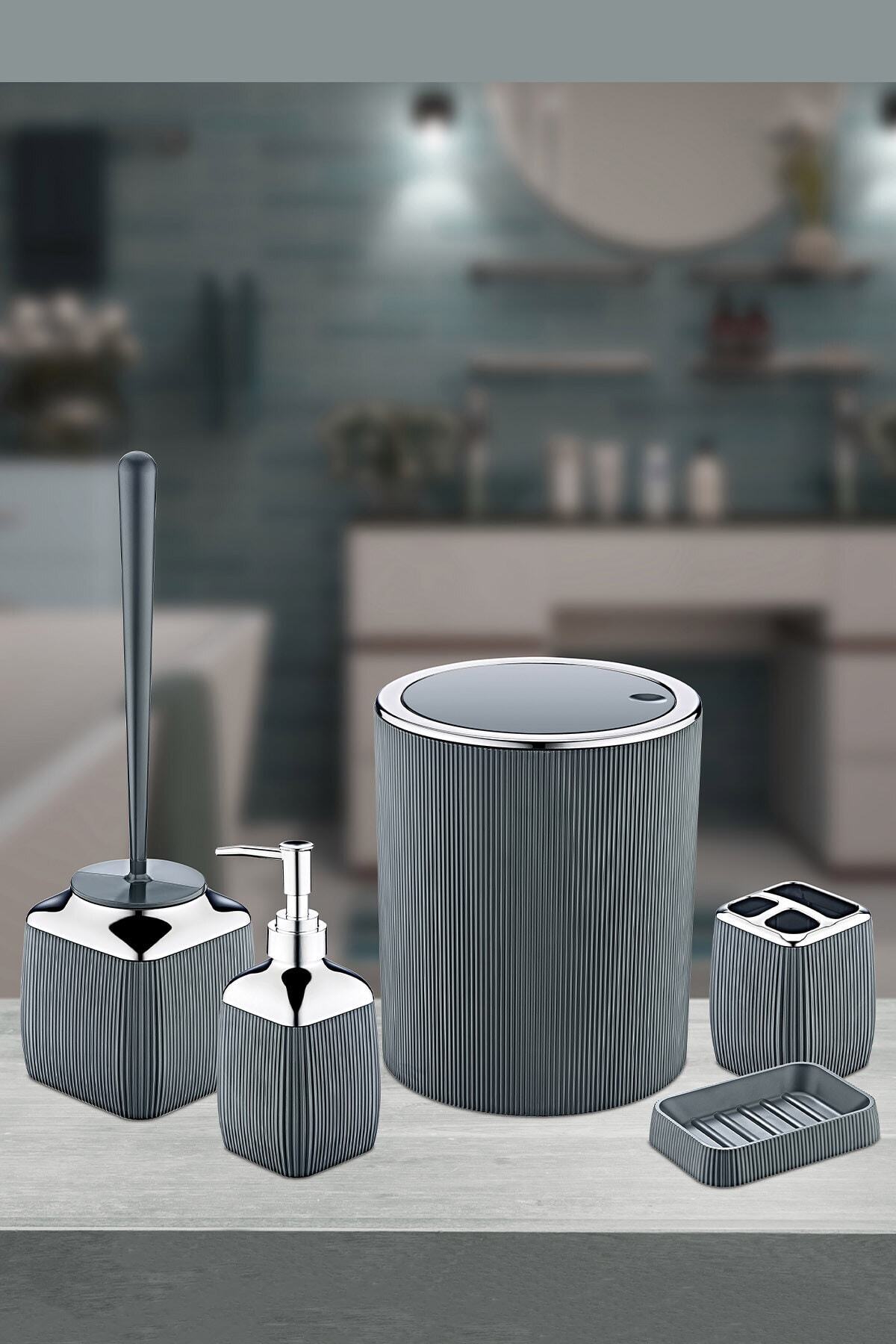 ADRESSHOME Freehome Çizgili 5'li Banyo Seti Krom Aksesuarlı-gri