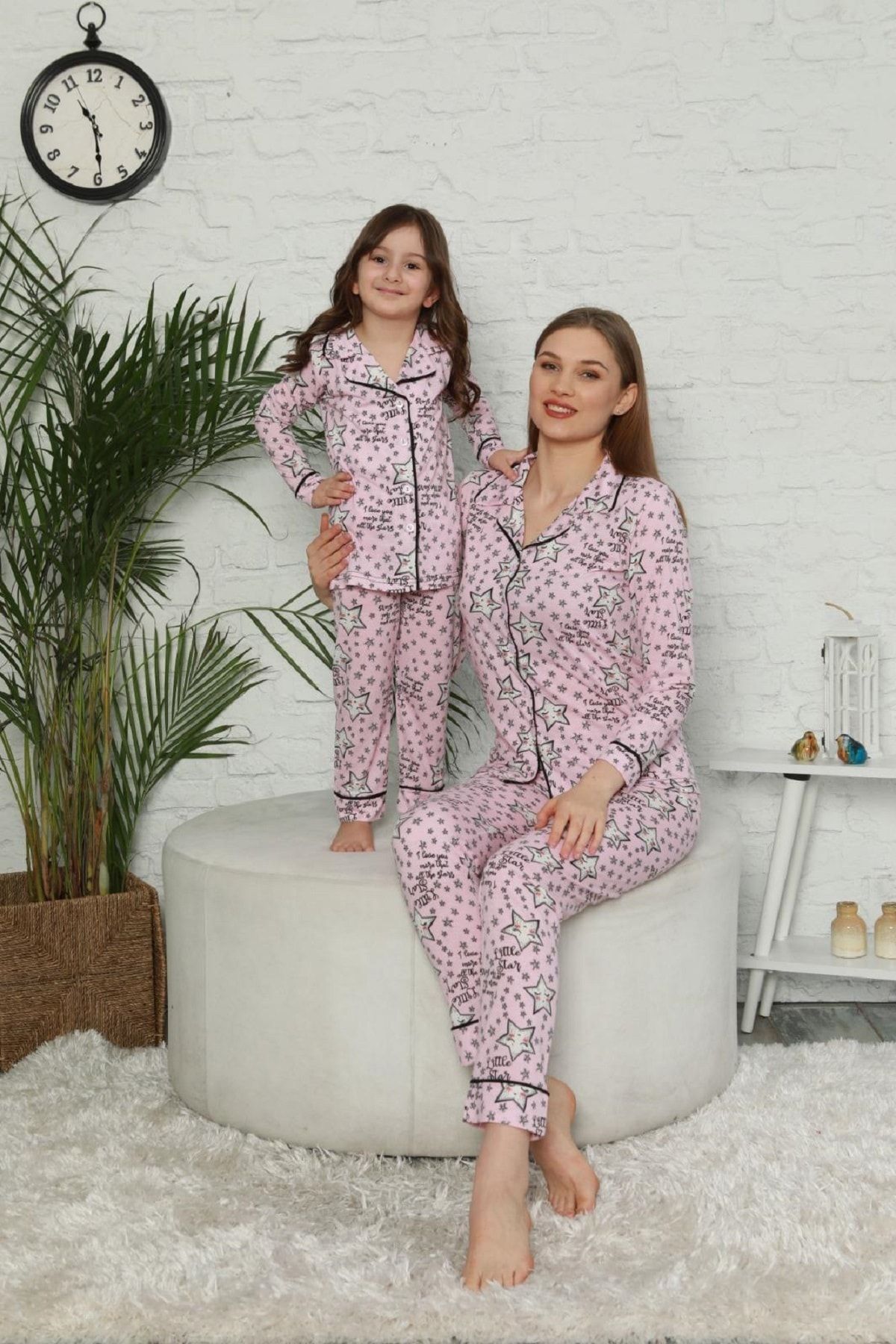 kaktus moda kadin pembe yildiz desenli anne kiz kombin pijama takimi 20114 fiyati yorumlari trendyol