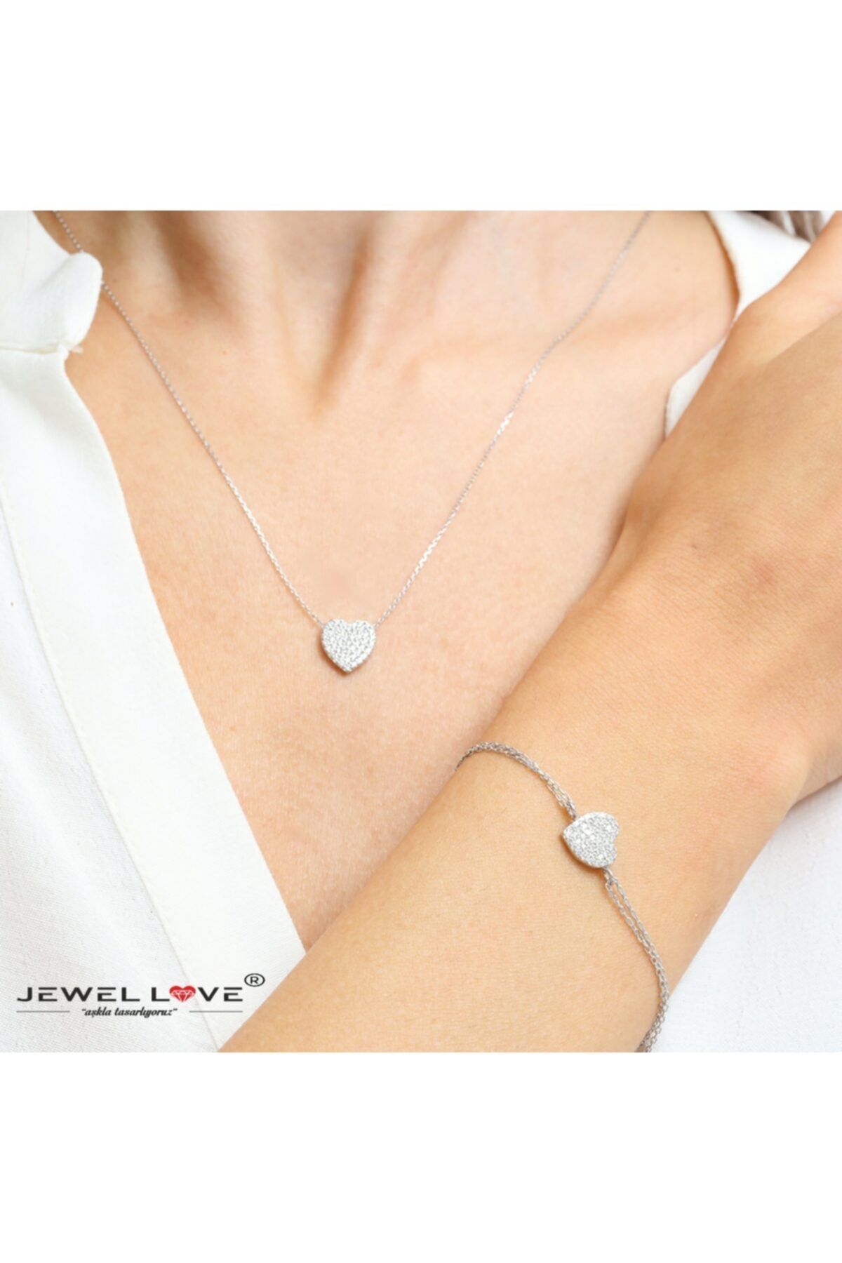 JEWEL LOVE Pırlanta Montür Tasarım Full Taş Kalp Gümüş Kolye Ve Bileklik Ikili Set
