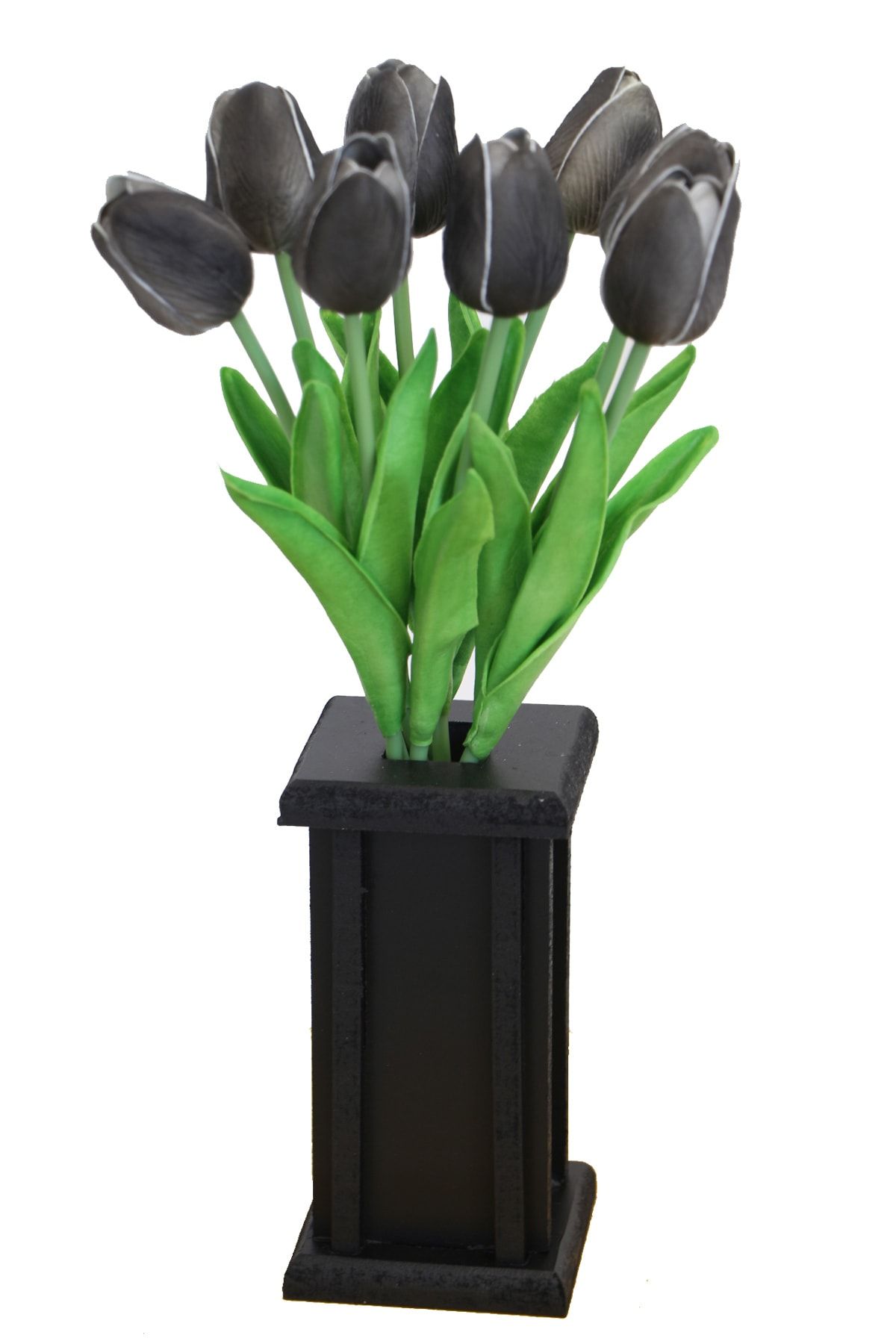 Yapay Çiçek Deposu Ahşap Vazoda 8li Islak Lale Demeti Siyah 32 cm