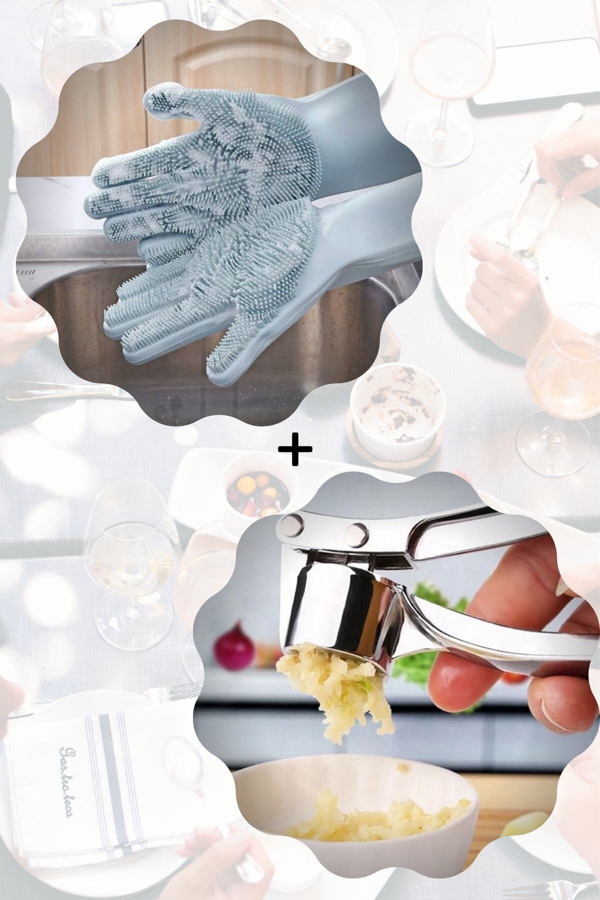 Ersamica Isıya Dayanıklı Bulaşık Yıkama Temizlik Eldiveni + Paslanmaz Soyulmaz Çelik Sarımsak Ezeceği