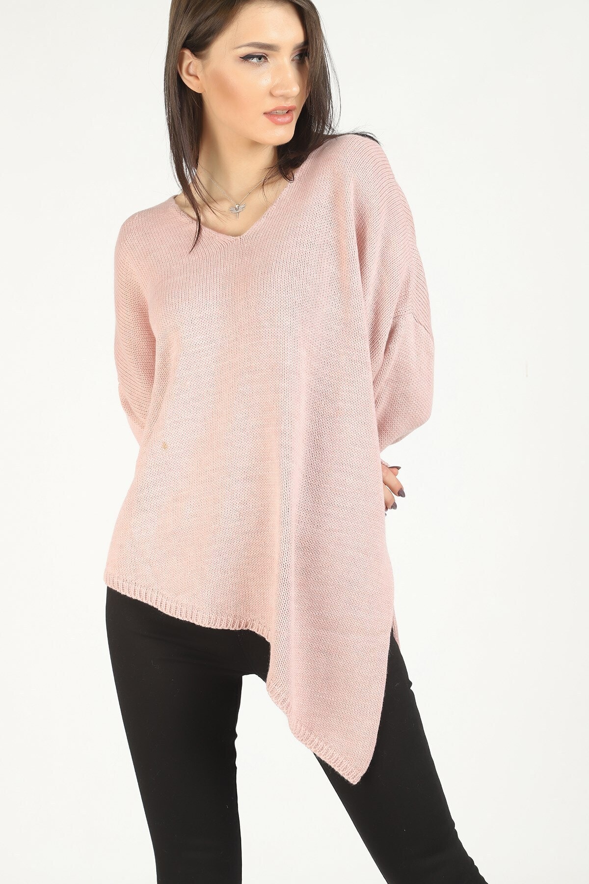 TEORA FASHION Kadın Pudra Asimetrik Yırtmaç Detay Triko Tunik