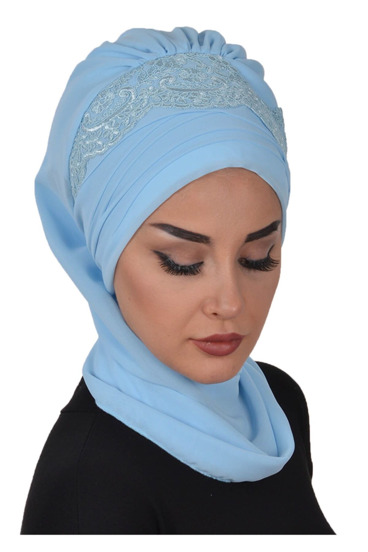 Ayşe Tasarım Dantel Aksesuarlı Fularlı Şifon Hazır Türban