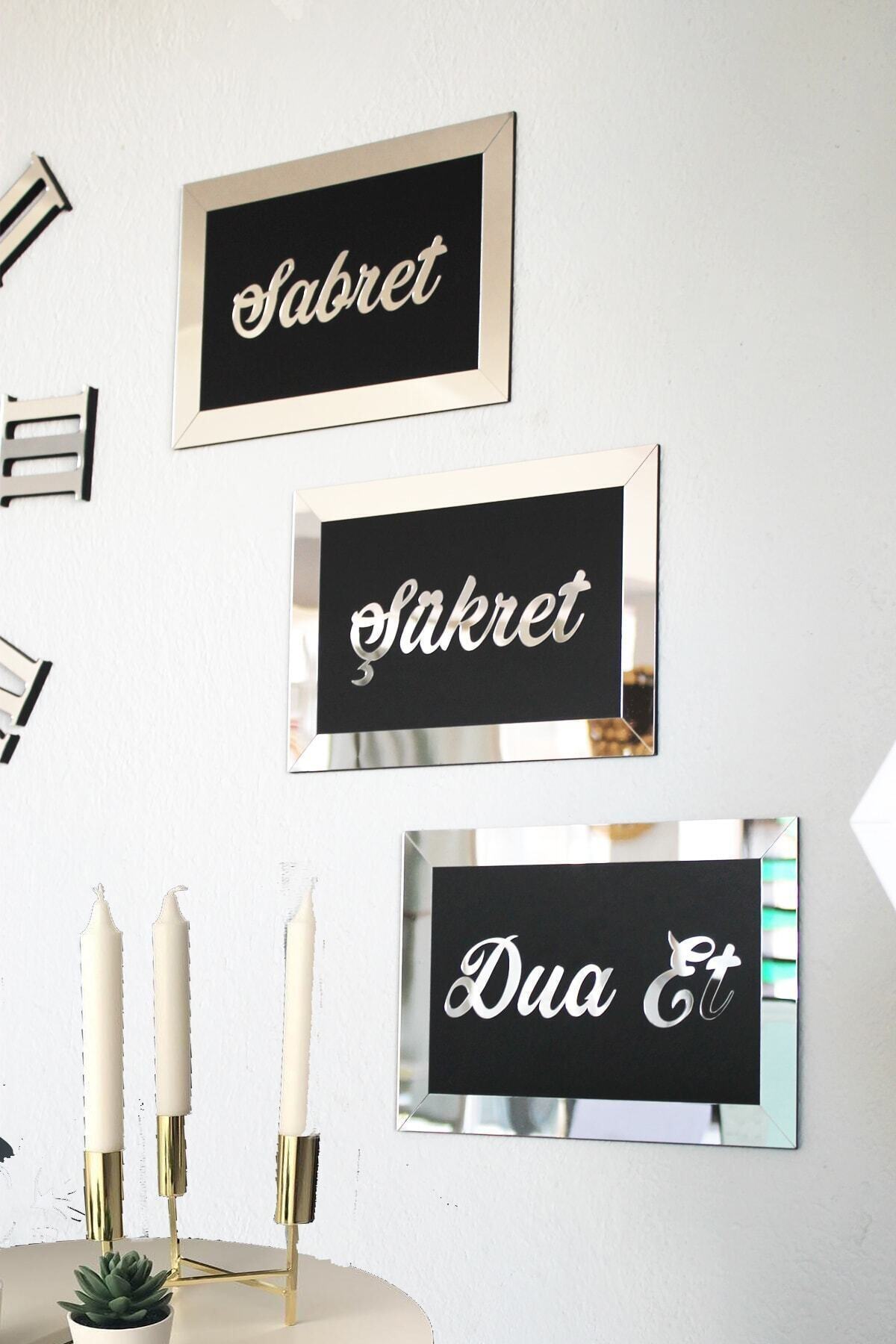 EliteLazer 3d Sabret Şükret Dua Et 3'lü Tablo Set (28*17) Gümüş / Siyah Bilazertasarım