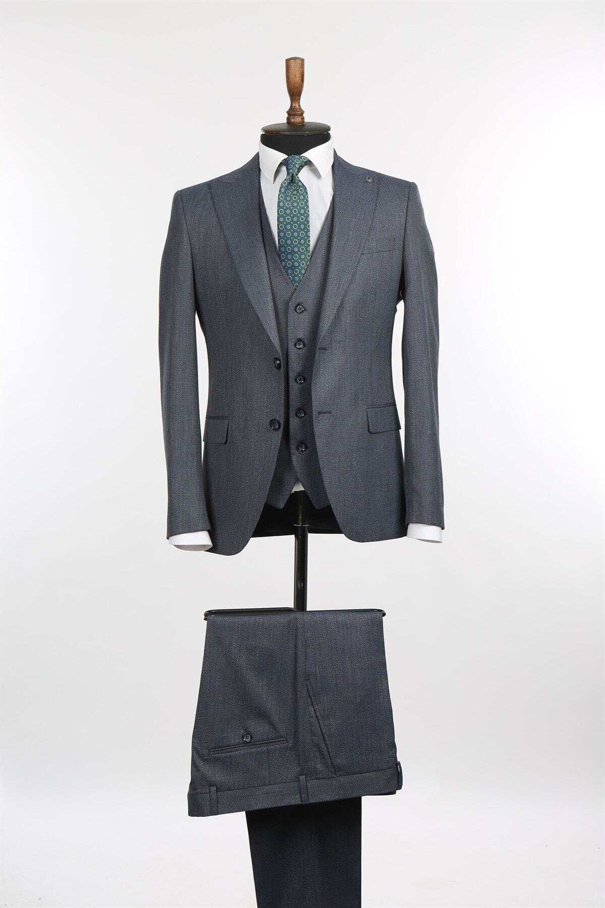 Jakamen Lacivert Sivri Yaka Slim Fit Yelekli Erkek Takım Elbise