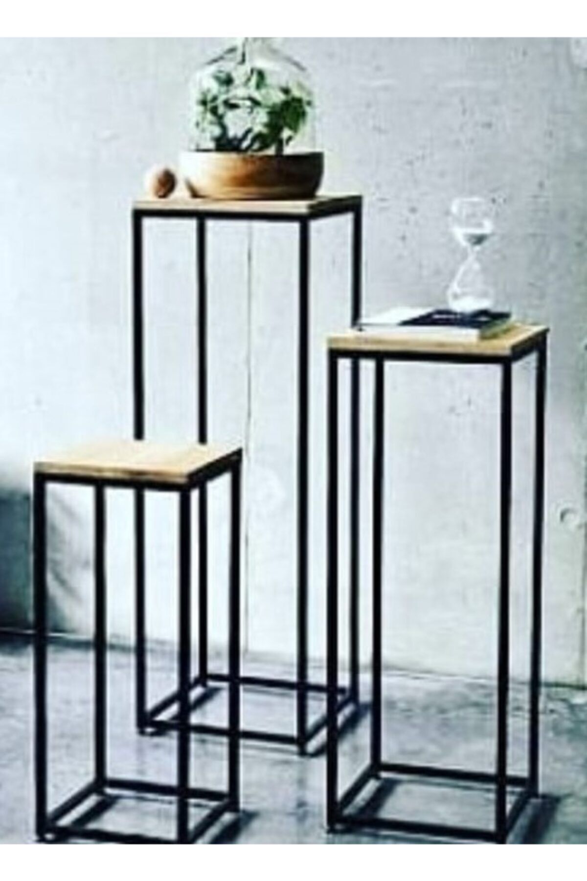 BENGİ TİCARET Bengi Dekoratif Çiçeklik Üçlü Kule Siyah Metal Ahşap Tabla