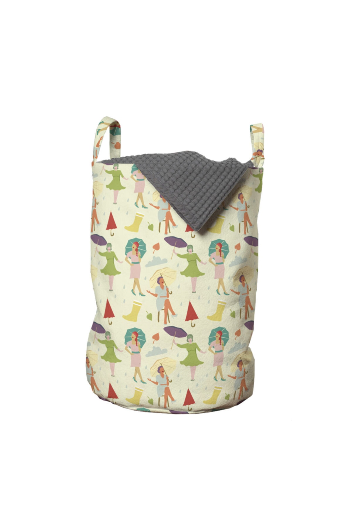Rengirenk Vintage Çamaşır Sepeti Rengarenk Elbiseli Şemsiyeli Kadınlar Beyaz
