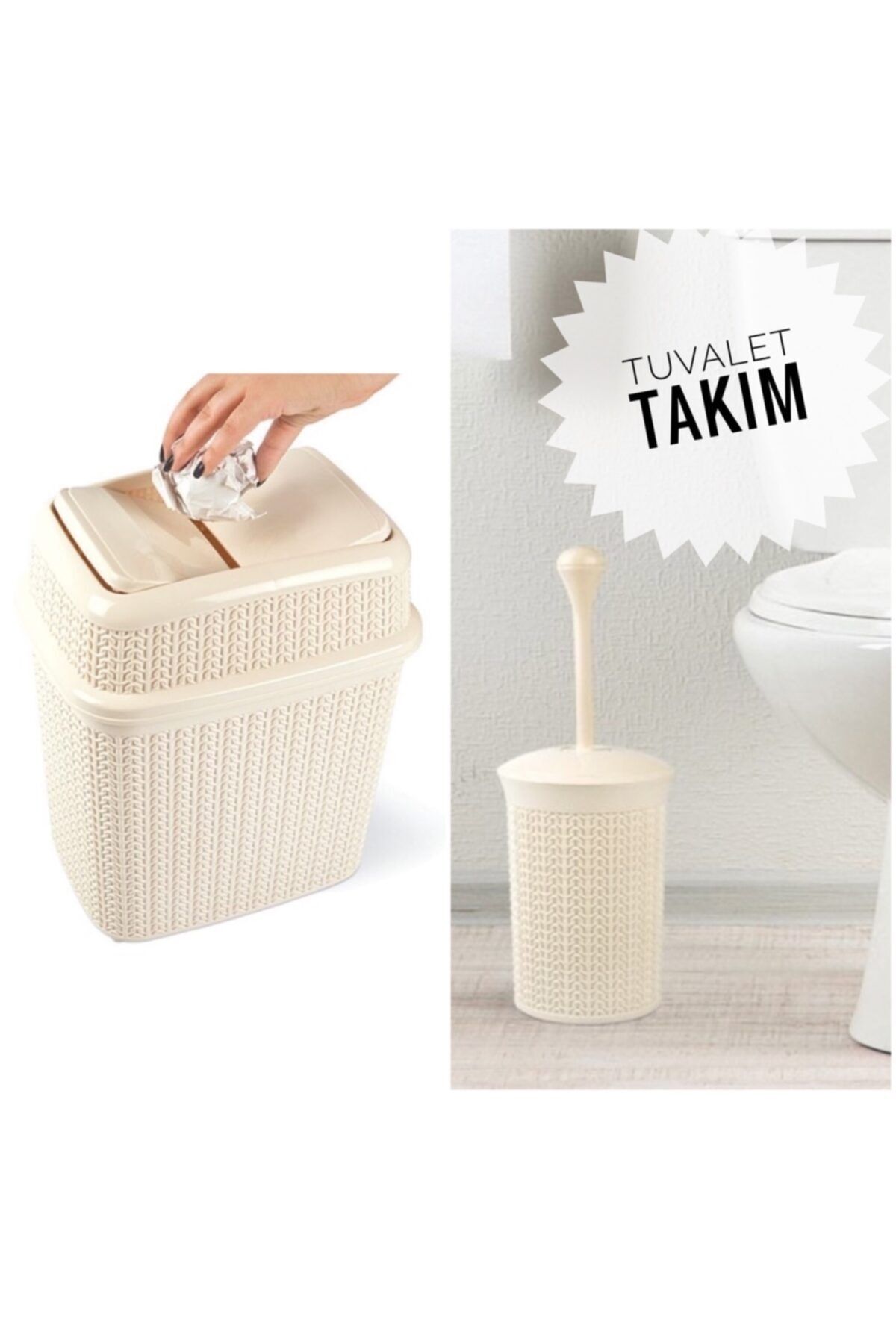 Yellowish Örgü Desen Girdap Çöp Kovası 5 L + Tuvalet Fırçası Takım