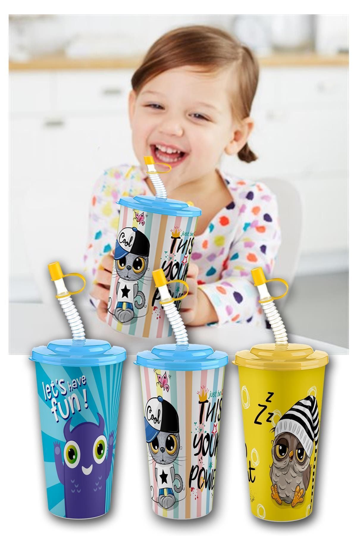 Hayveys Kapaklı Desenli Pipetli Bardak Çocuk Içecek Bardağı 650 ml