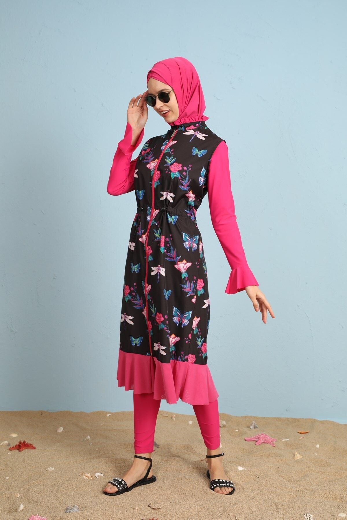 Moodbasic Kadın Pembe Kelebek Desenli Tesettür Mayo