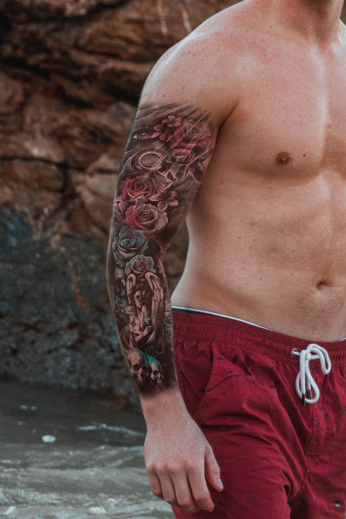 TAKIŞTIR Geçici Kurukafa Ve Göz Ve Gül Kol Dövme Tattoo