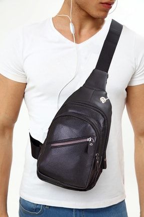 Av A Dos Unisex Siyah Deri Kulaklık Çıkışlı Çapraz Askılı Bel Omuz Çanta Bodybag Sling Tek Kol Göğüs Çanta