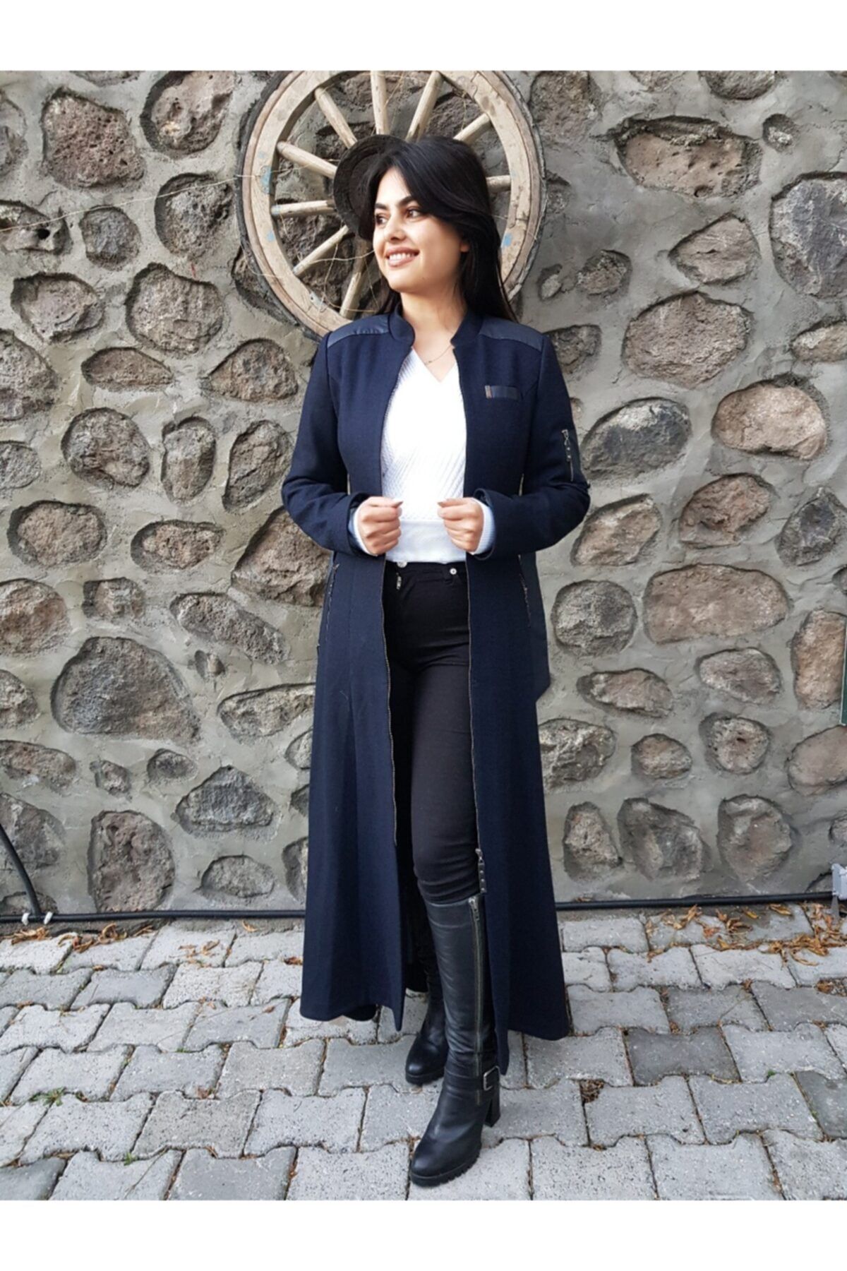 FERGAN Kadın Lacivert Kaşe Palto