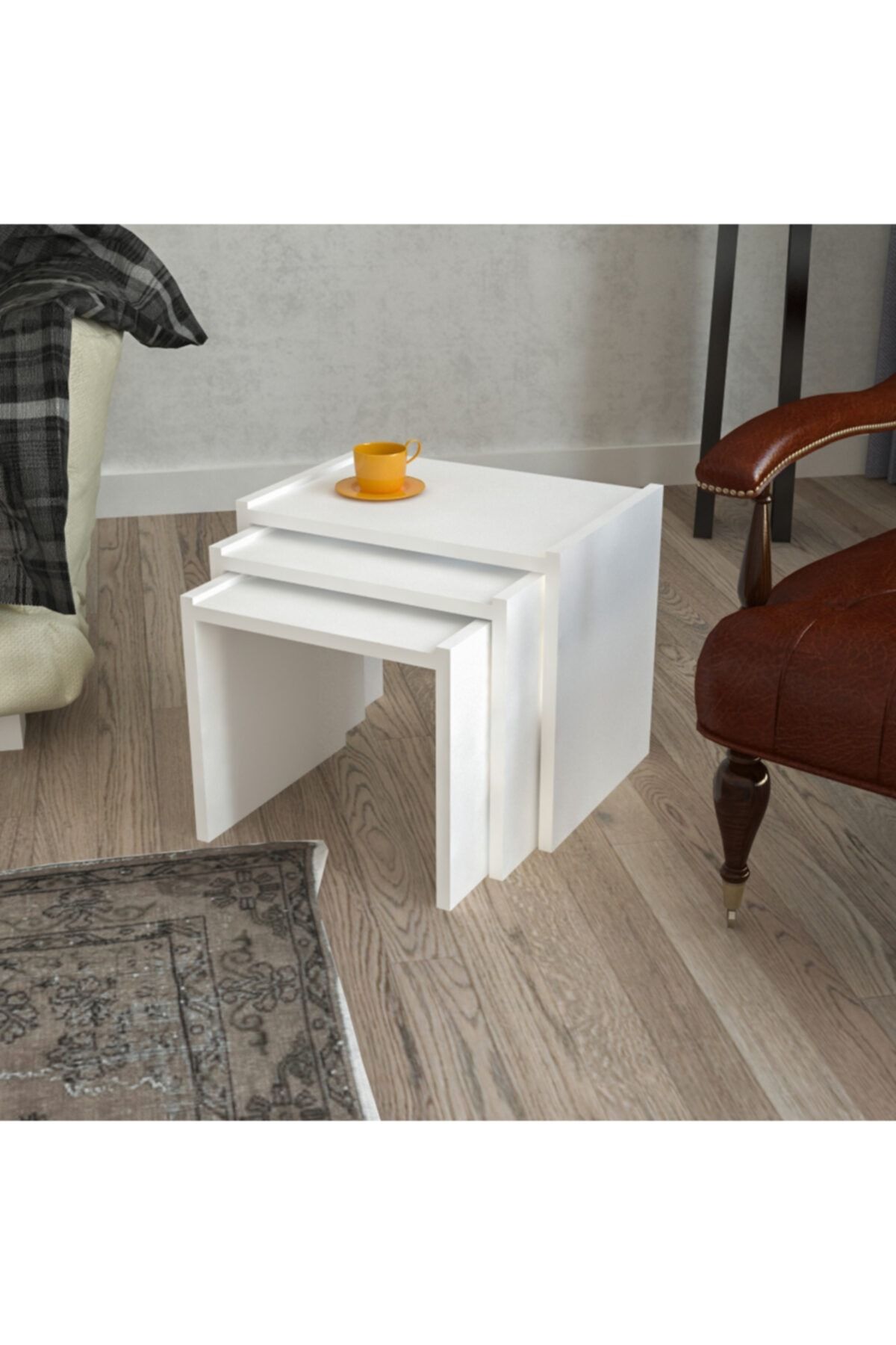 EraHome Ahşap Zigon Sehpa Takımı Beyaz