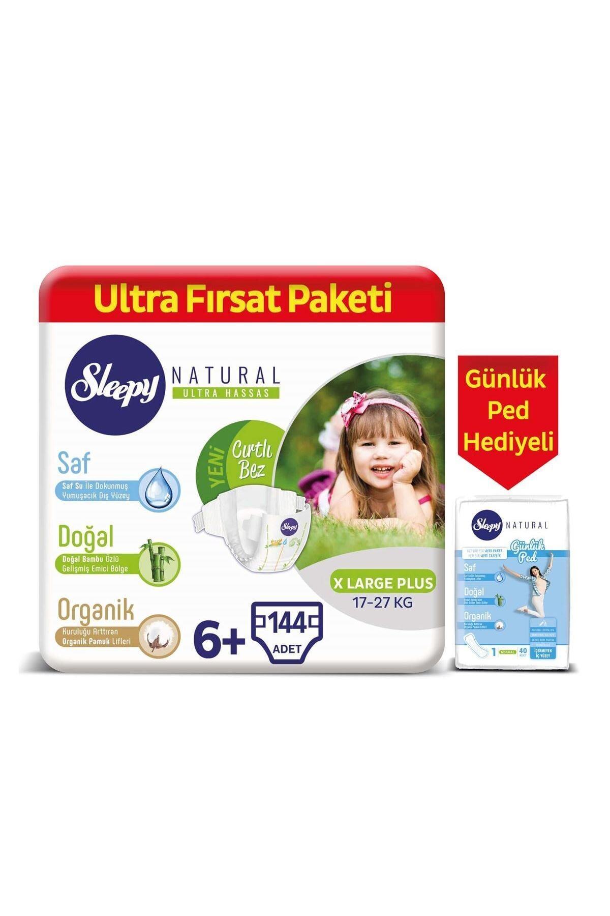 Sleepy Natural Bebek Bezi 6+ Numara Xlarge Plus 144 Adet + Natural Günlük Ped Normal 40 Adet