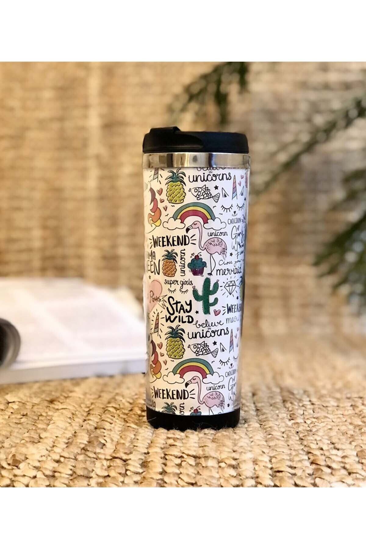 Patladı Gitti Renkli Tasarımlı 400 ml Çelik Mug Bardak
