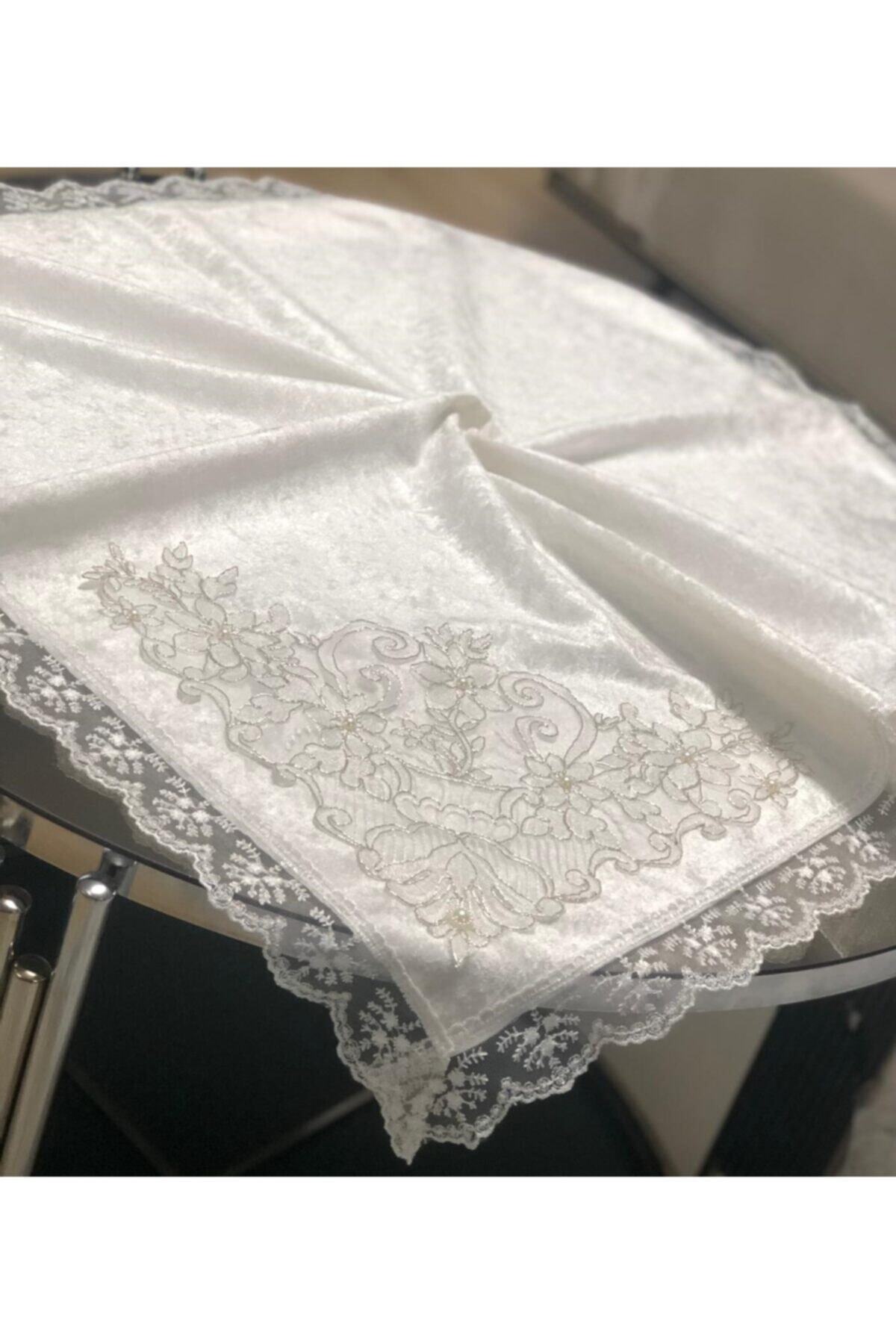 BULUT HOME Çeyizlik Fransız Dantelli Aplike Süslü Incili Kadife Nişan Bohçası Ekru