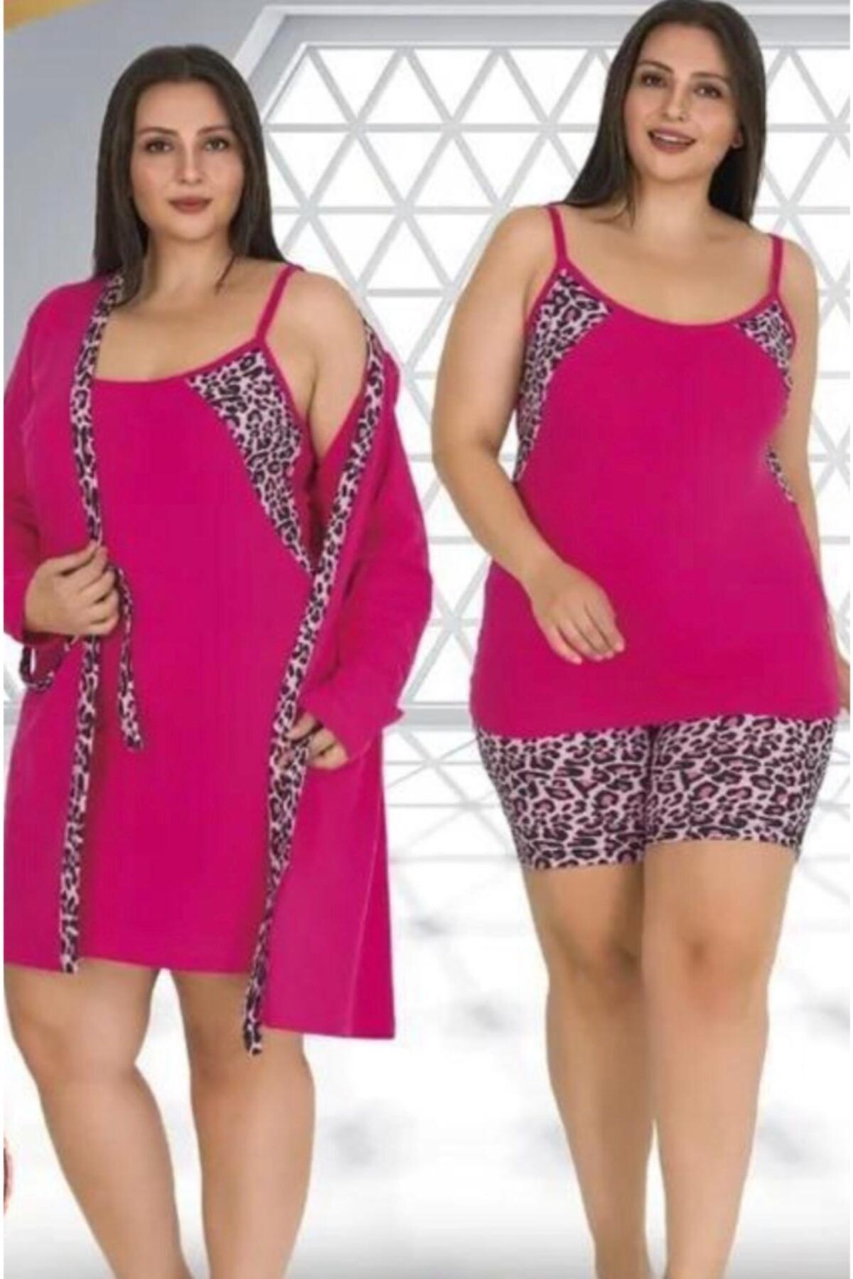 NIGHT ANGEL Pembe Leopar Desenli 5li Pijama Takımı