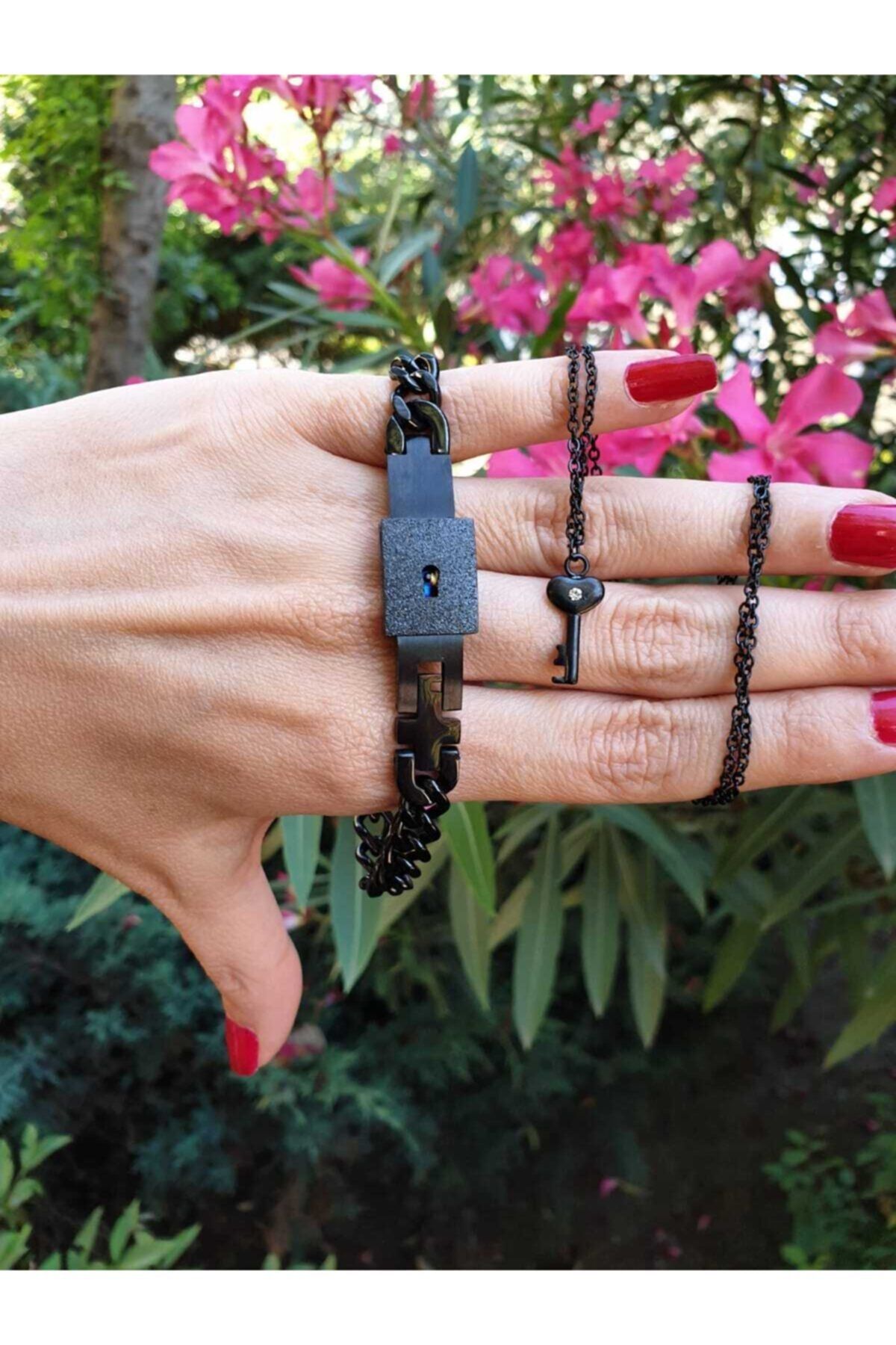 Annel Hazel Erkek Siyah Çelik Kilit Bileklik Kadın Anahtar Kolye Sevgili Seti