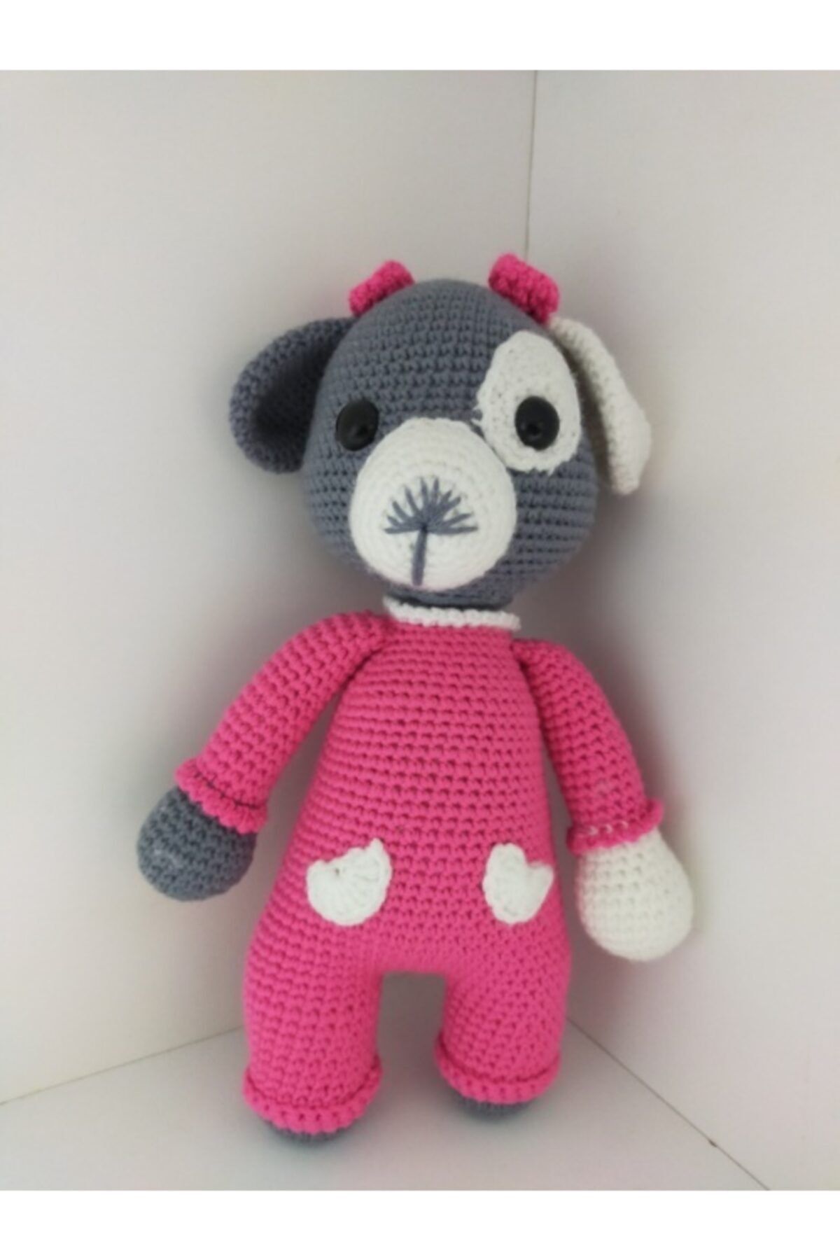 El örgüsü Pembe Tulumlu Amigurumi Oyuncak Köpek
