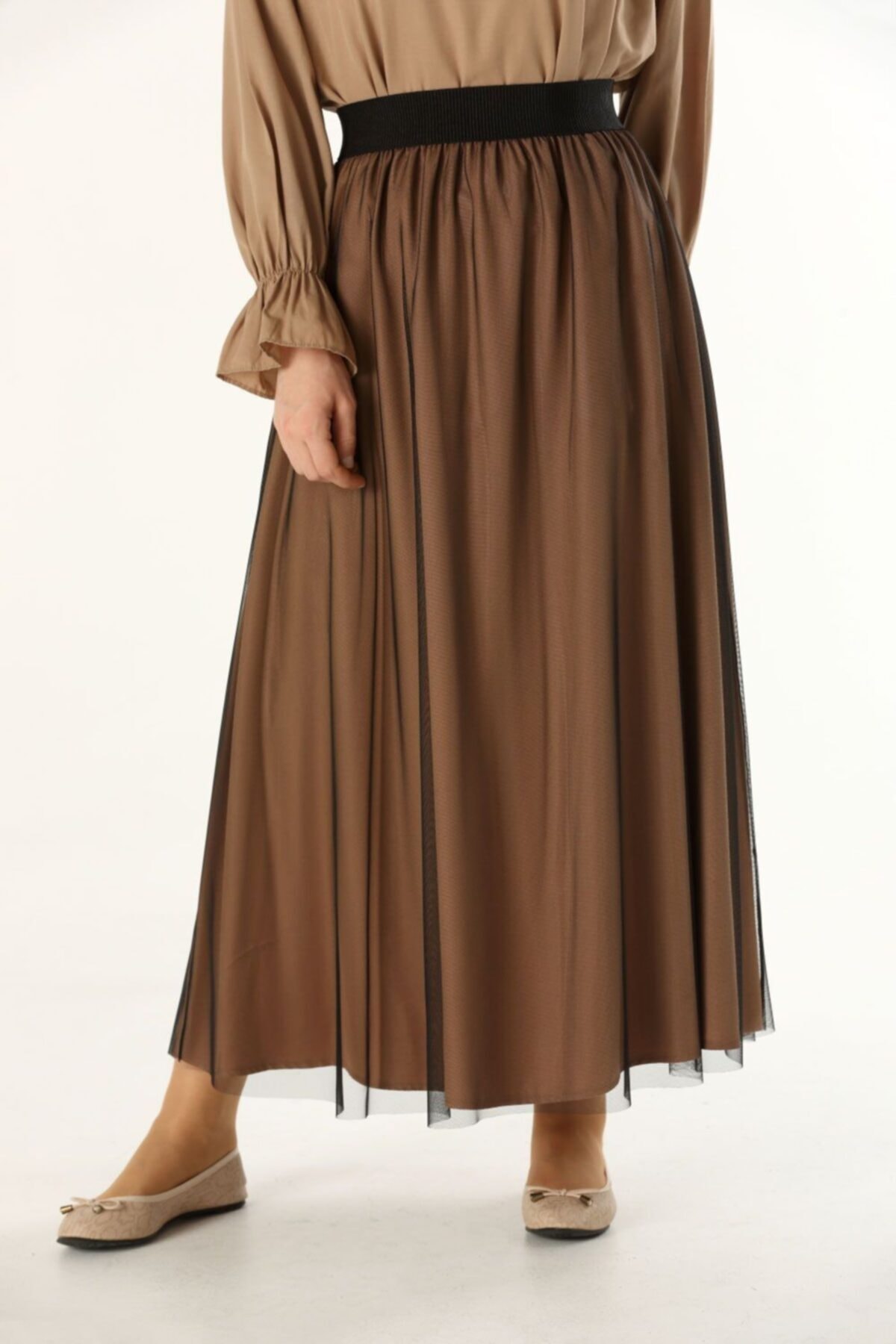 ALLDAY Sütlü Kahve Lastikli Pileli Tül Etek