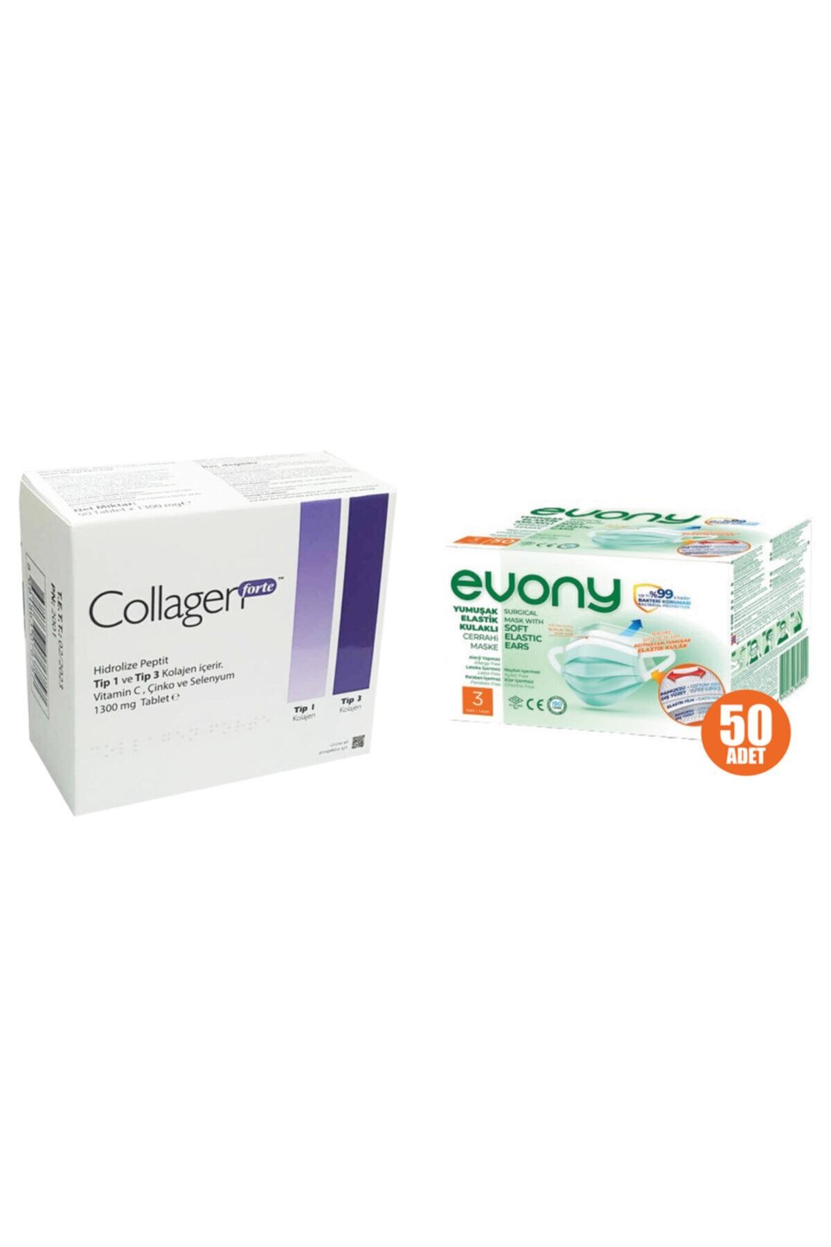 Collagen Forte 1300 Mg 90 Tablet & Evony 3 Katlı Filtreli Burun Telli Cerrahi Maske 50'li Paket