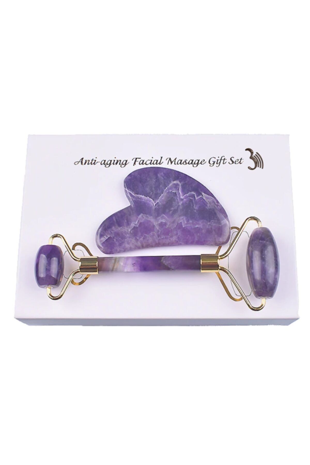 3 Ametist Gua Sha Taşı Masaj Aleti Ve Face Roller 2'li Masaj Seti 1. Sınıf Kutulu