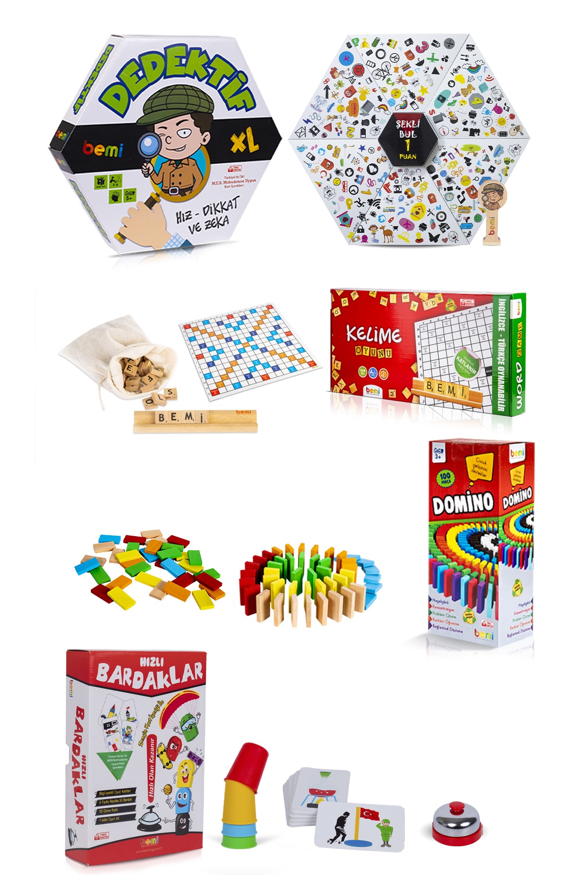 BEMİ Dedektif & Kelime Oyunu & Domino & Hızlı Bardaklar Aile Kutu Ve Eğlence Oyunu