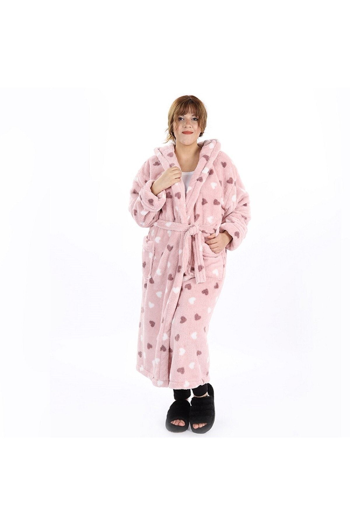 NETY WEAR Kadın Pembe Kemerli Kapşonlu Sabahlık 461