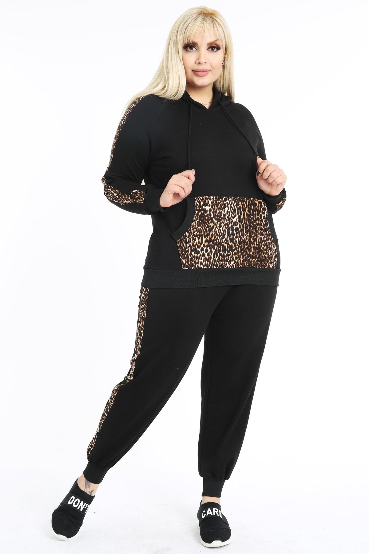 Moda Ataman Kadın Büyük Beden Siyah Leopar Garnili Eşofman Takımı