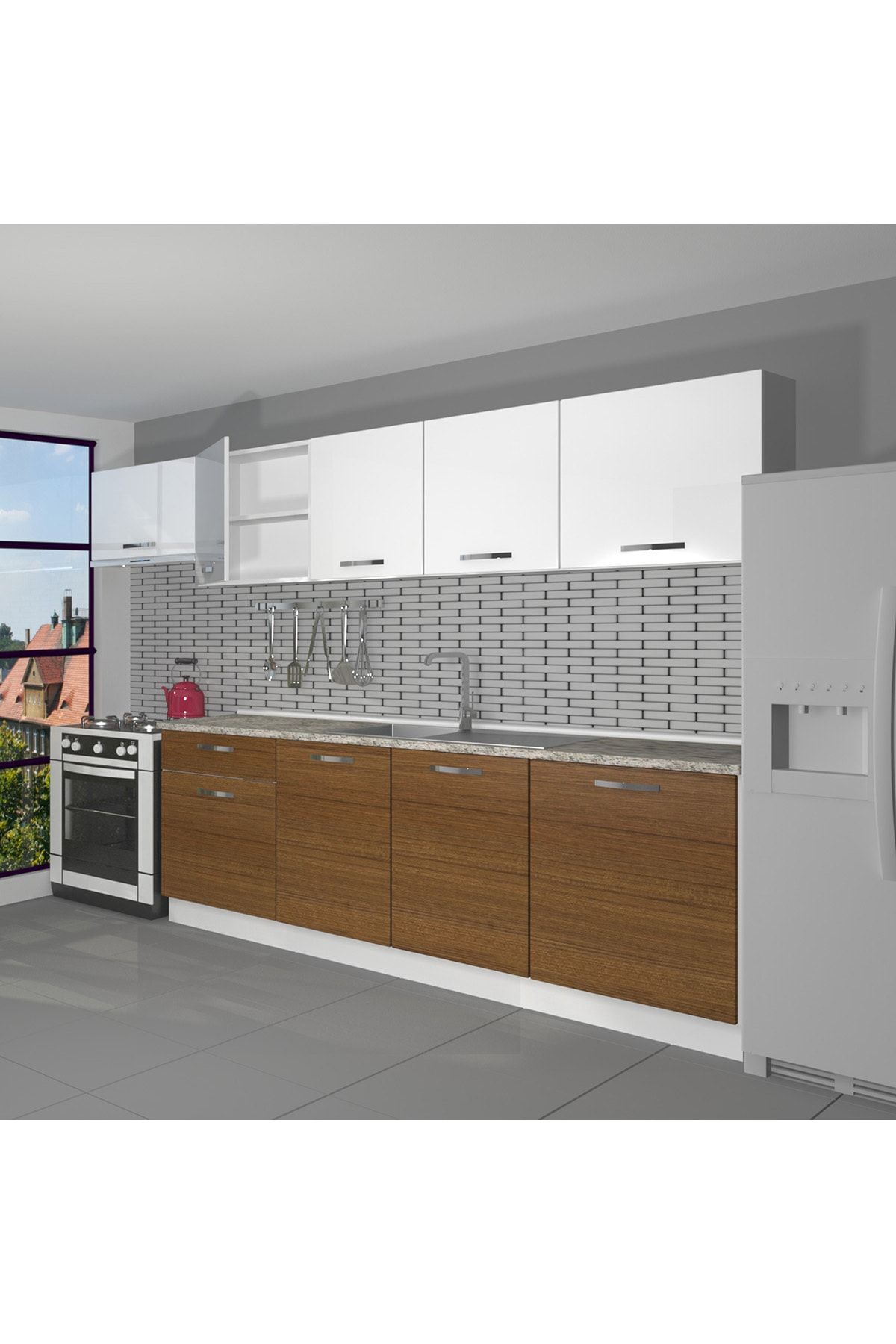 Decoraktiv Hazır Mutfak Dolabı Smart 280 Cm Ceviz & Parlak Beyaz -tezgah Dahil