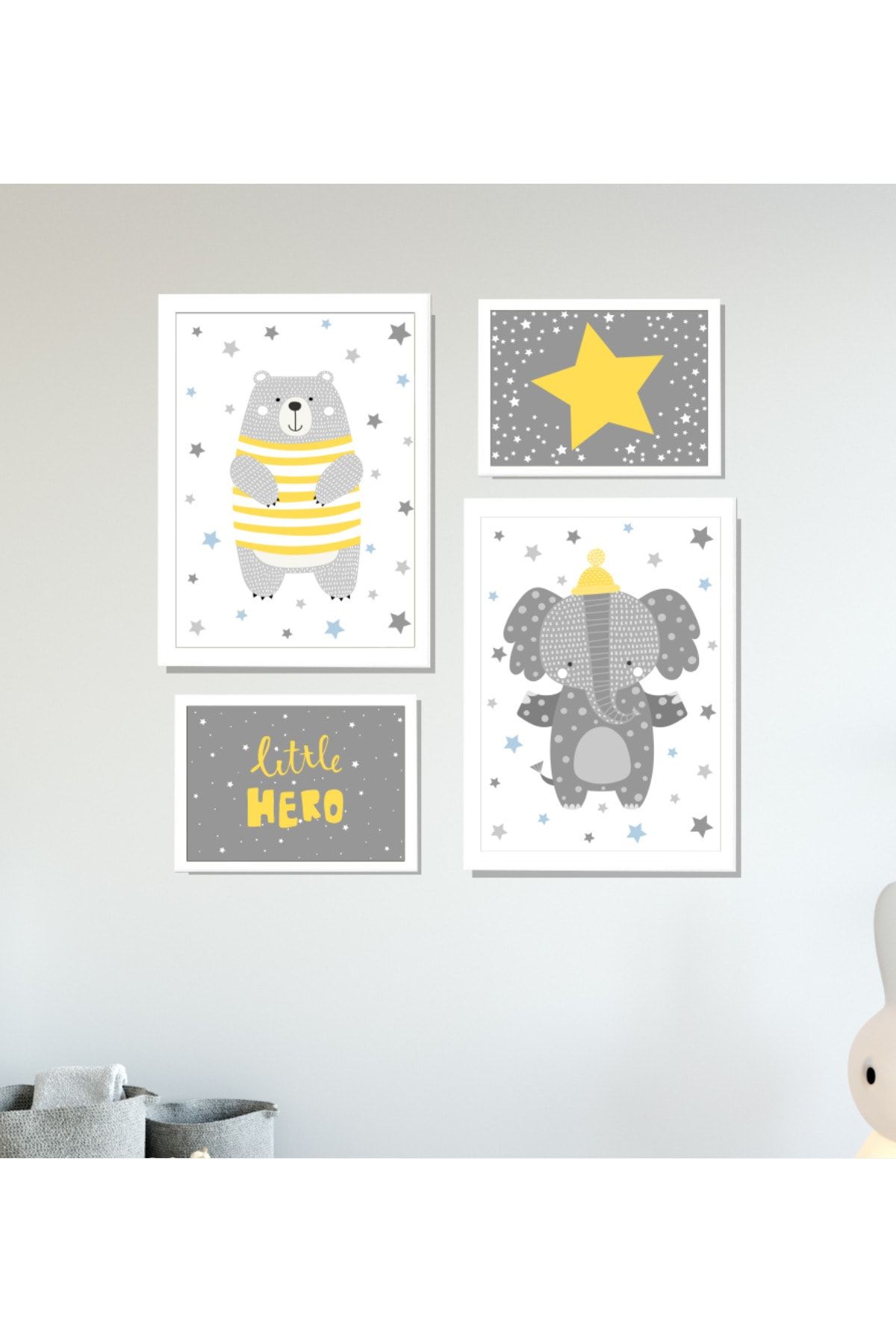 SUNNYFUNNYKIDS Bebek Çocuk Odası Tablo Sarı Ayı Fil 4'lü Çerçeveli Set 2 Ad 21x30 Cm Ve 2 Ad 13x18 Cm Sfk54