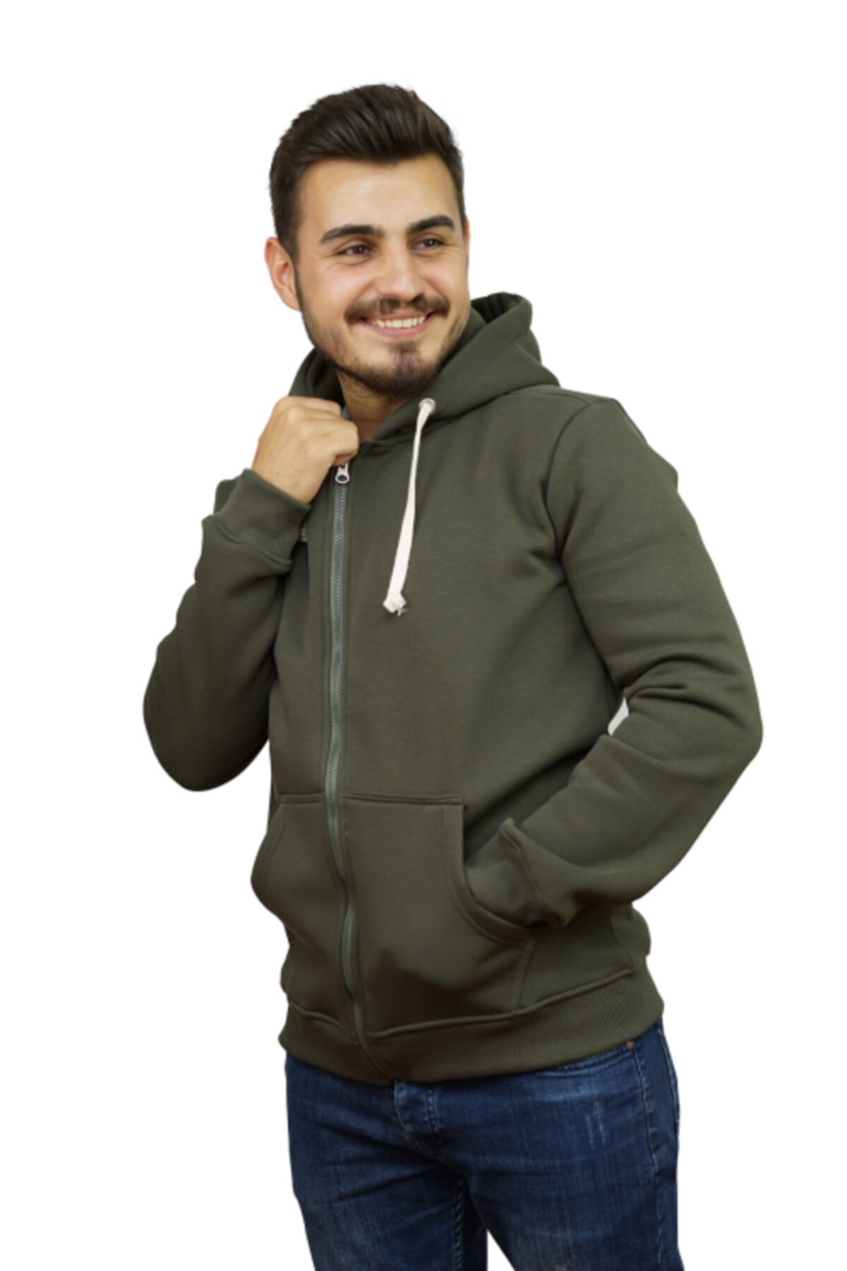 OG Casual Haki Fermuarlı Kapüşonlu Sweatshirt
