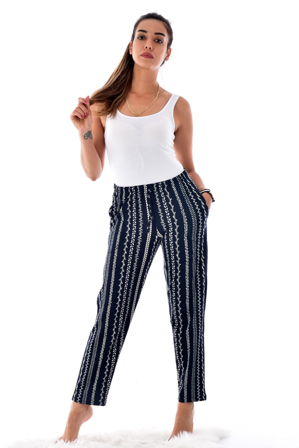 Pemilo Kadın Lacivert 235-1 Desenli Cepli Süet Tek Pijama Altı