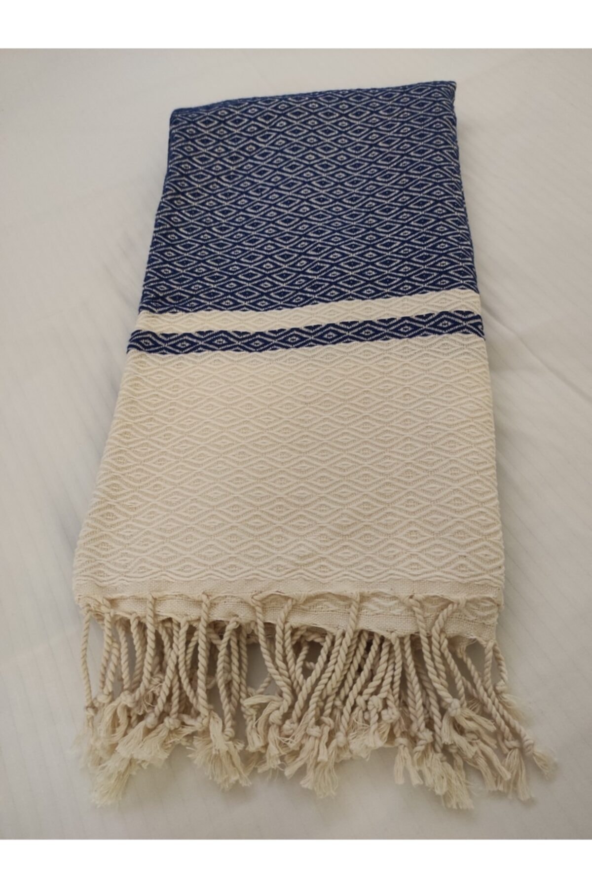 Marsipet Buldan Tek Şerit Elmas Desen Mavi Peştamal Hand Made