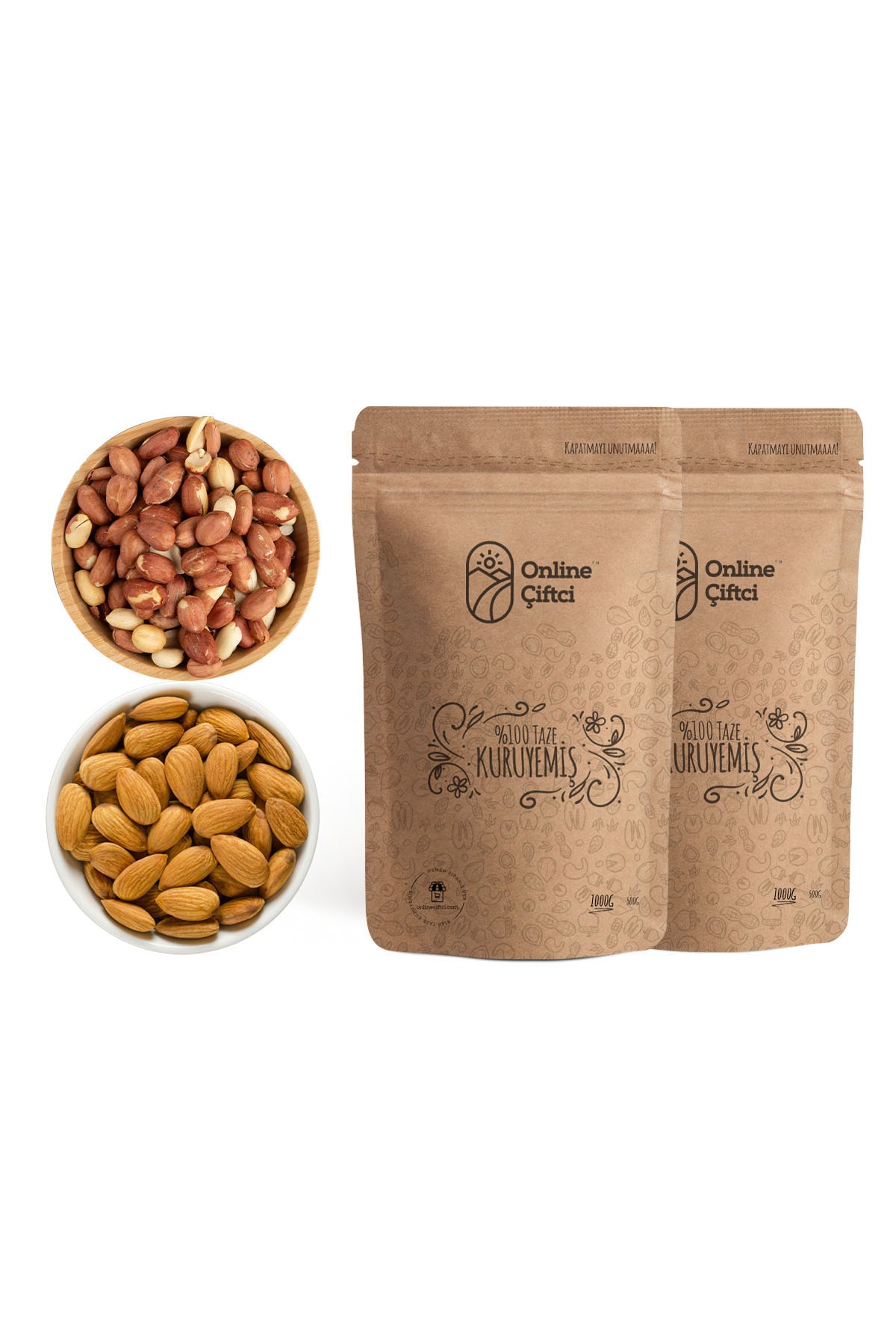 Karlıoğlu Çiğ Yerli Badem 1kg + Tuzsuz Kavrulmuş Yer Fıstığı 1kg